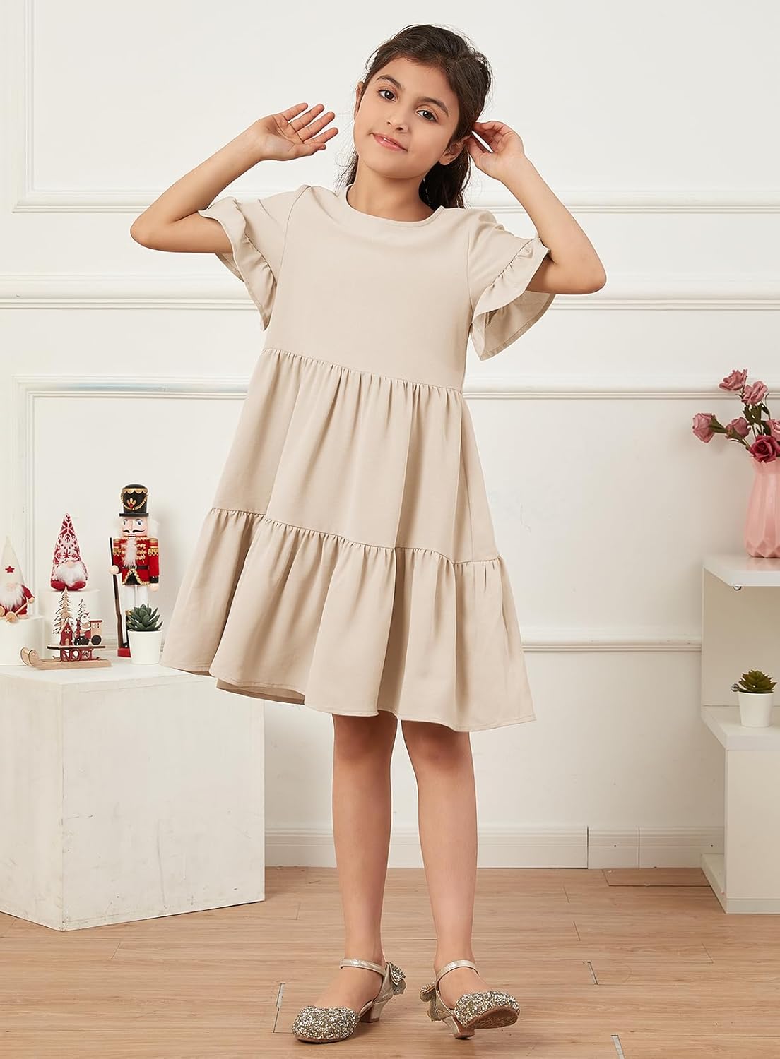 Geckatte Girls Dresses Summer Casual Floral Print Ruffle Short Sleeve Tiered Pleated Kids A-Line T-Shirt Dress Size 5-14 - Image 2