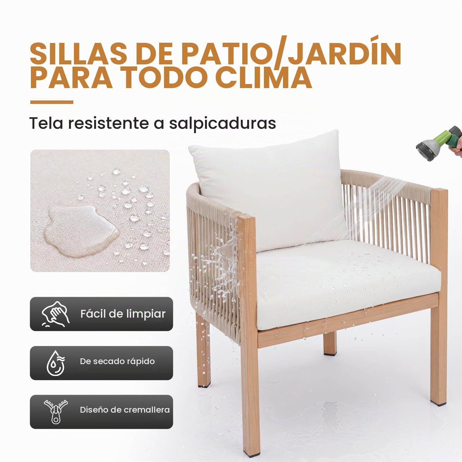 Ya-Home Juego de 2 Sillas Jardín Exterior con Brazos,Beige | Nórdico, Impermeable, Respaldo PE Trenzado, Estructura Metálica Acabado Madera, Cremalleras, para Terraza/Jardín/Interior