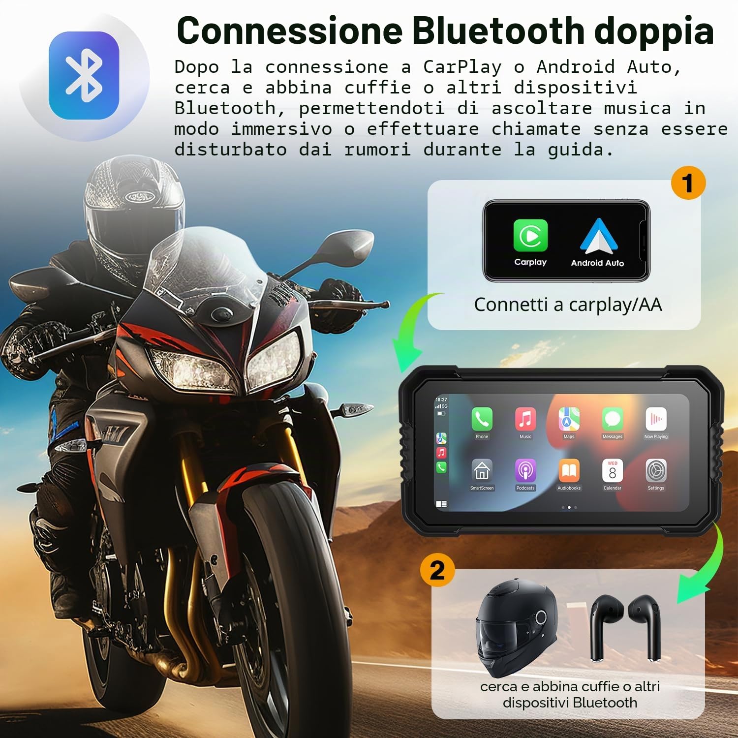 Wireless CarPlay Android Auto Schermo Moto 6,25 Pollici Touchscreen IP67 GPS Dual Bluetooth Telecomando
