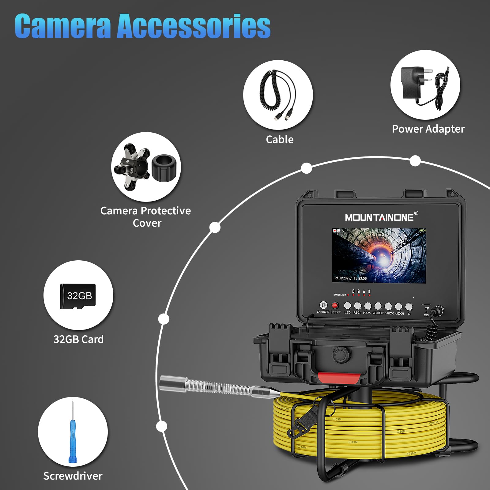 Cámara Inspección Tuberias 20M, Cámara Endoscópica con DVR, Pantalla en IPS de 7" IP68 Impermeable Tubería Endoscopio Industrial con 12 Luces LED, Tarjeta SD 32GB