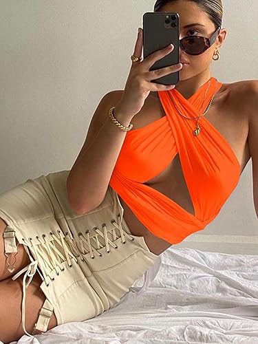 Miniatura 4 de ZAFUL - Ombliguera cruzada acanalada para mujer camiseta corta sin mangas con diseño fruncido, con lazos y estampado cruzado