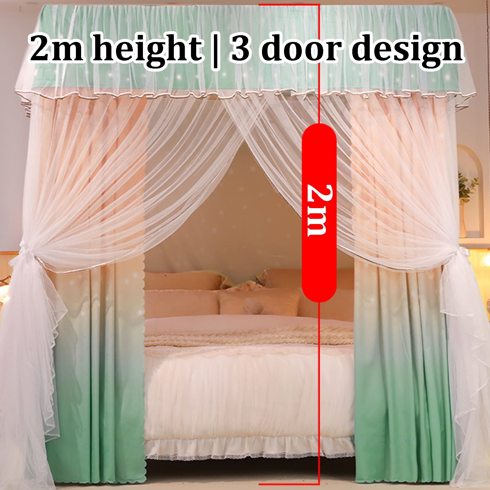 Komar z baldachimem do łóżka, Baldachy łóżka w stylu Deluxe Princess, 4 -słupowe wsparcie podwójnego zaciemnienia (rozmiar: 180x200x200 cm)