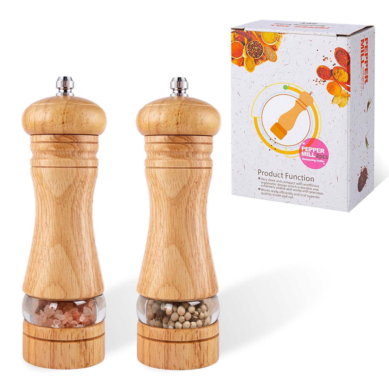 Wooden Salt and Pepper Grinder Set – Refillable Manual Pepper Mills Set of 2 with Adjustable Coarseness, Ceramic Grinding Core and Visible Window for Kitchen, Dining & Cooking