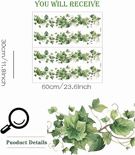 Miniatura 4 de 4 calcomanías de pared de vid de hojas verdes, sacinora Green Natural Plants DIY calcomanías de pared de vinilo extraíble para sala de estar,