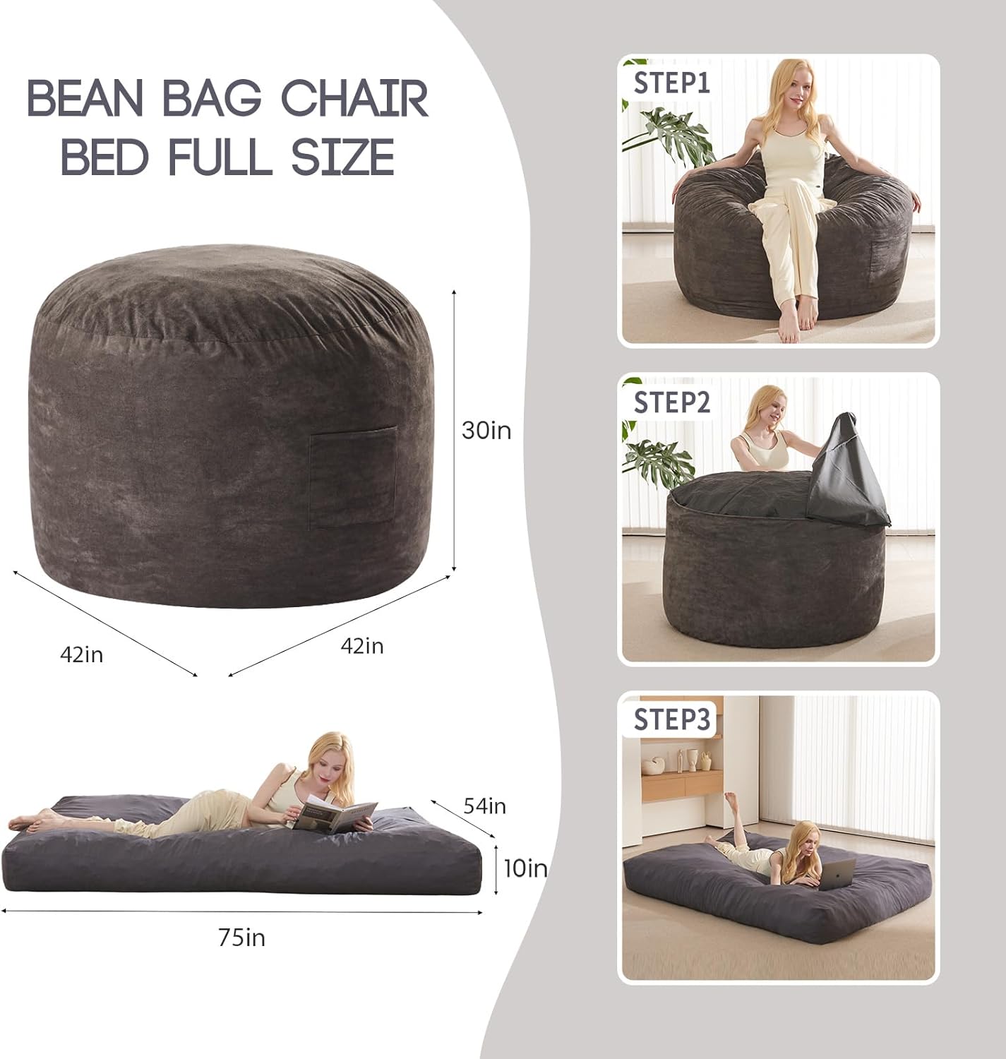 Giant Bean Bag Chair Bed for Adults - Convertible Beanbag Chairs Folds from Lazy Chair to Floor Mattress Bed, Large Floor Sofa Couch, High-Density Foam Filling, Machine Washable -Full