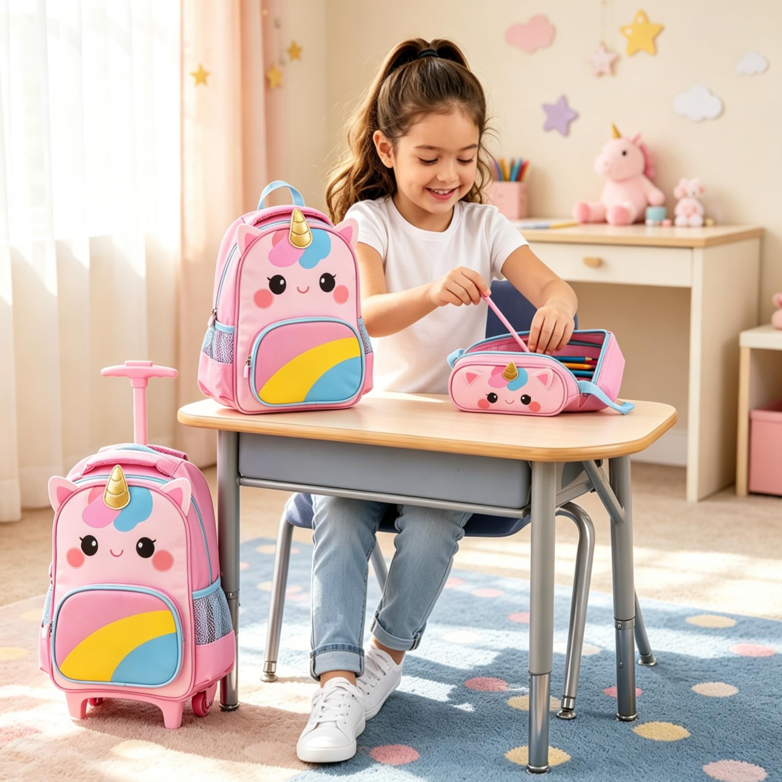 LIFEZEAL Mochila Escolar con Ruedas 3 Piezas Niños Niñas 3+ (Unicornio 2) | Mochila de Viajes Infantil con 4 Ruedas, Mango Ajustable, Fiambrera de Almuerzo y Estuche, Juego de Bolsas para Escolares
