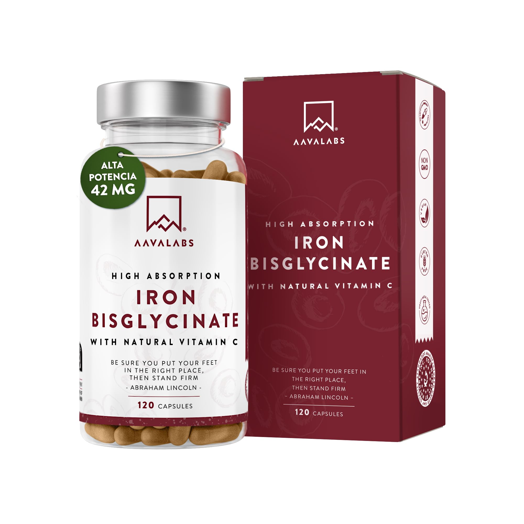 Hierro Suplemento con Vitamina C Natural – Bisglicinato de Hierro - Comprimidos de Hierro Veganos con 42mg de Hierro Activo para Mujer y Hombre - Biodisponibilidad Alta – 120 Cápsulas