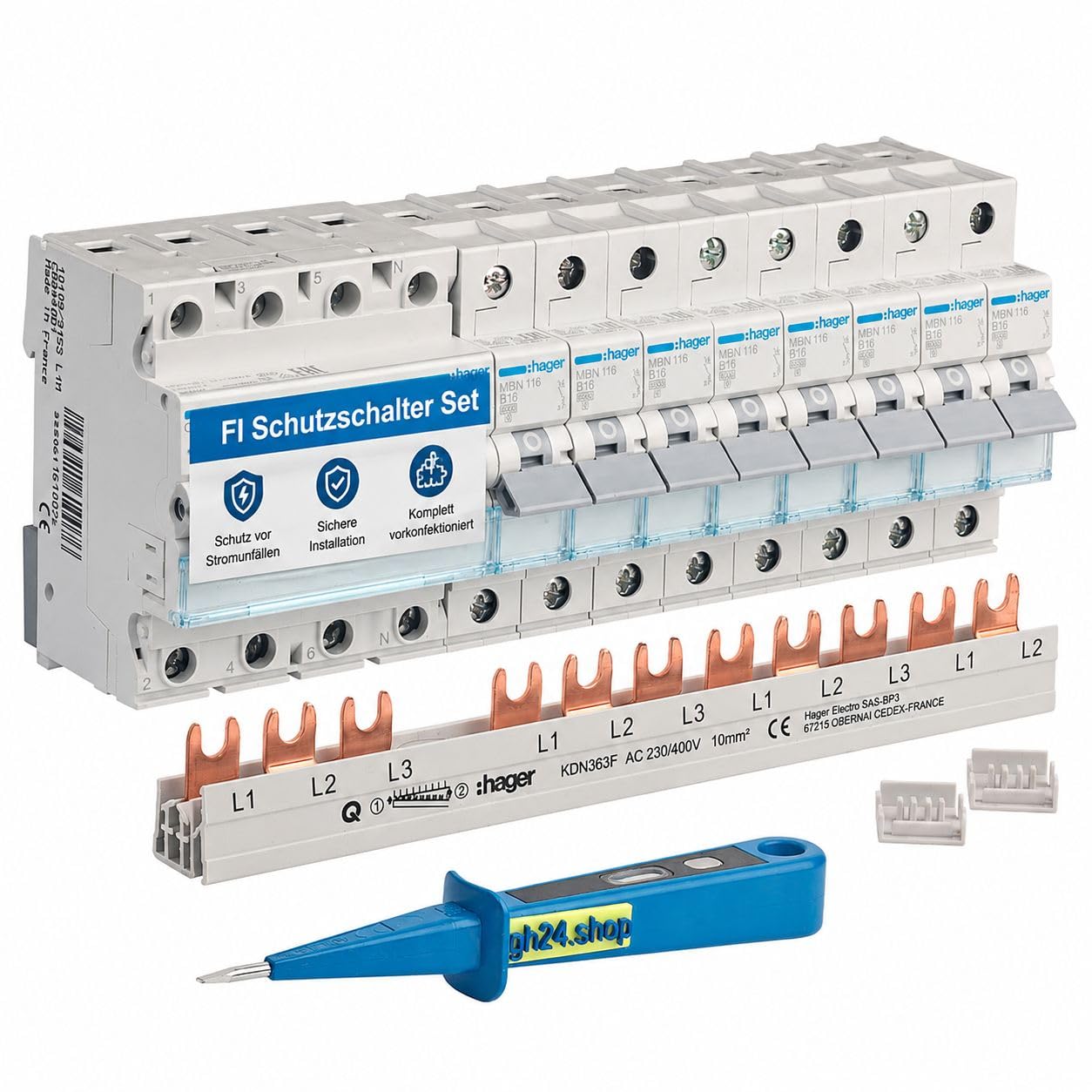 HAGER FI Schutzschalter Set 40A 30mA 4-polig 3P+N mit 8x B16A Sicherungsautomat 6kA, FI LS Paket für Unterverteilung Schaltschrank DIN Hutschiene inkl. Kammschiene und gh24 Phasenprüfer