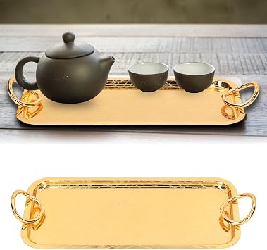 Serving Tray Rectangular Tea Cup Tray Gold Storage Fruit Stainless Steel with Round Handle Gold Serving Decorative for Wedding Party Birthday Picnic