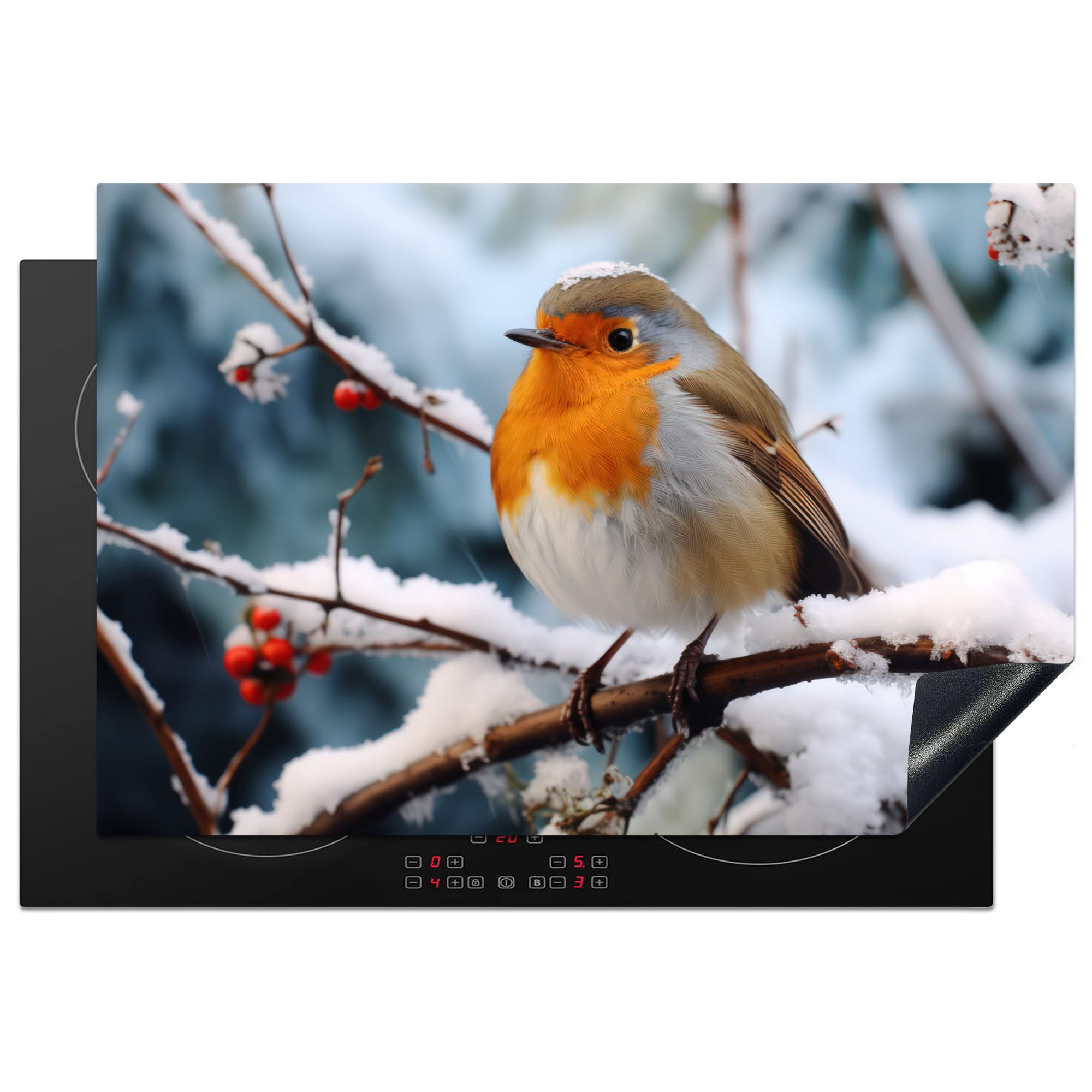 KitchenYeah© Induction Hob Protector Mat 20.1"x30.3" / 77x51 cm Stove Cap Top Cover Kitchen Cooker Covers for Electric Hobs Vinyl Robin - Winter - Snow - Bird - Nature