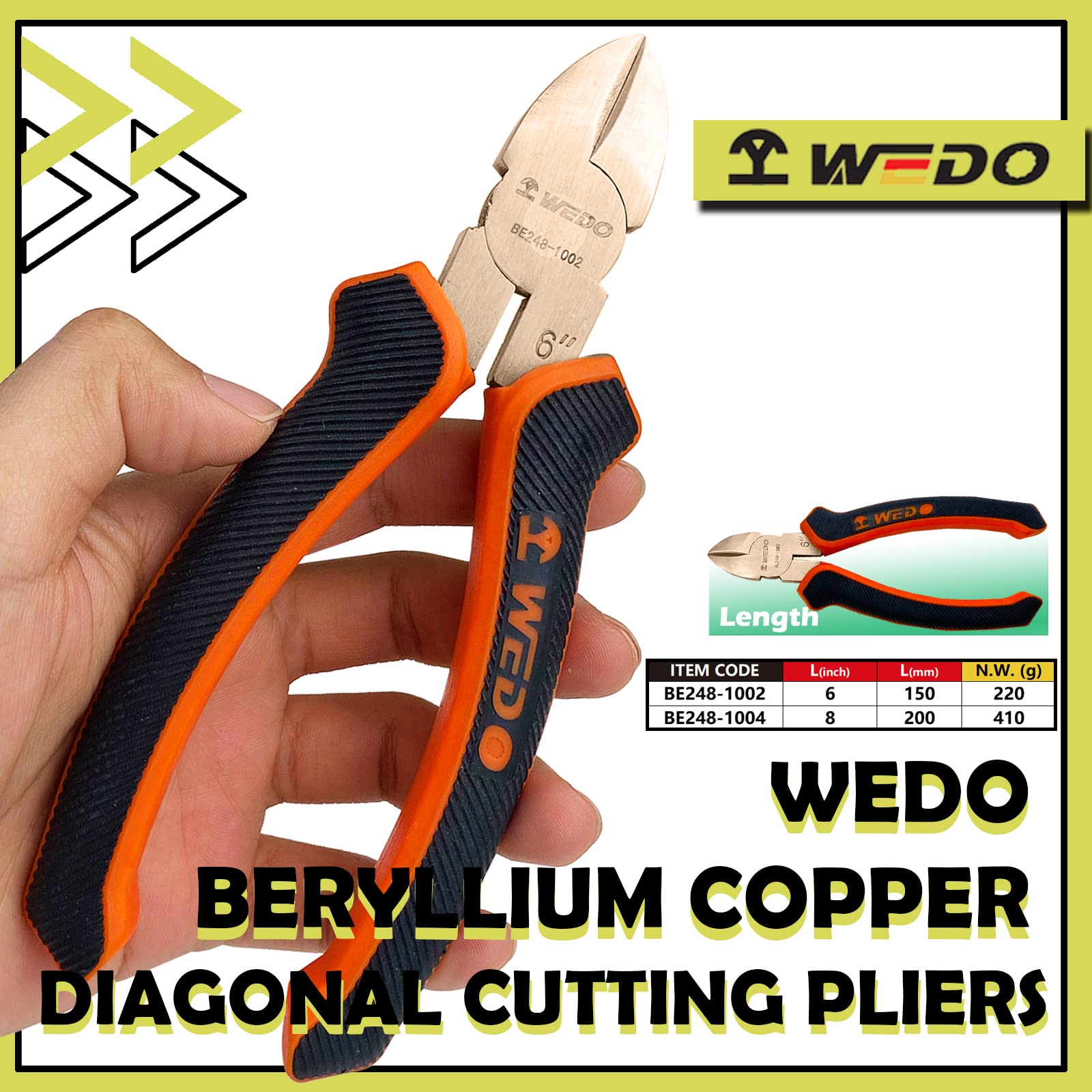 WEDO Non-Sparking Diagonal Cutting Pliers 6”, Spark-Free Safety Side Wire Cutters Pliers Nippers, Non-Magnetic, DIN Standard - Image 2