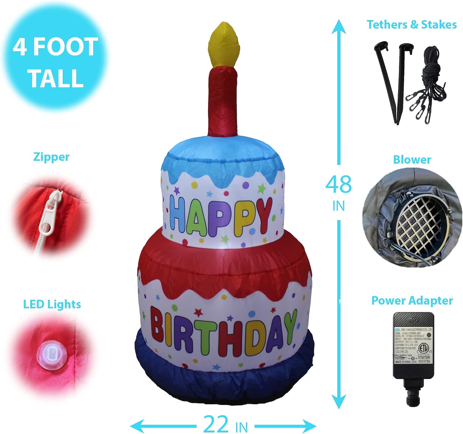 4 Foot Tall Happy Birthday Cake Inflatable with Candle LED Lights Lighted Blowup Party Decoration for Outdoor Indoor Home Celebration Garden Yard Prop
