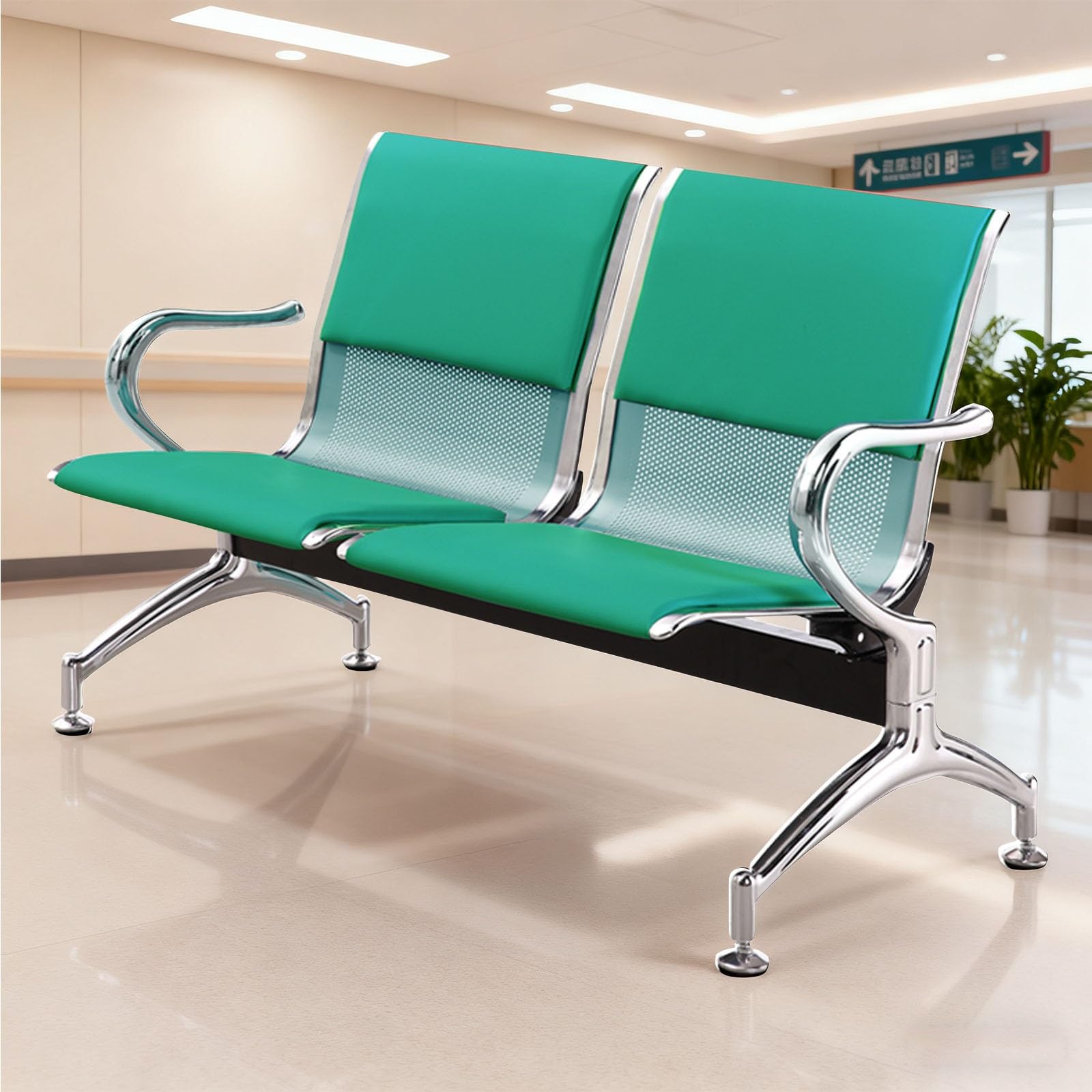 SaryEdge Comfortable 2-Seater Green Chair with Armrests - Ideal Office & Reception Furniture for Banks, s, & Waiting Areas,