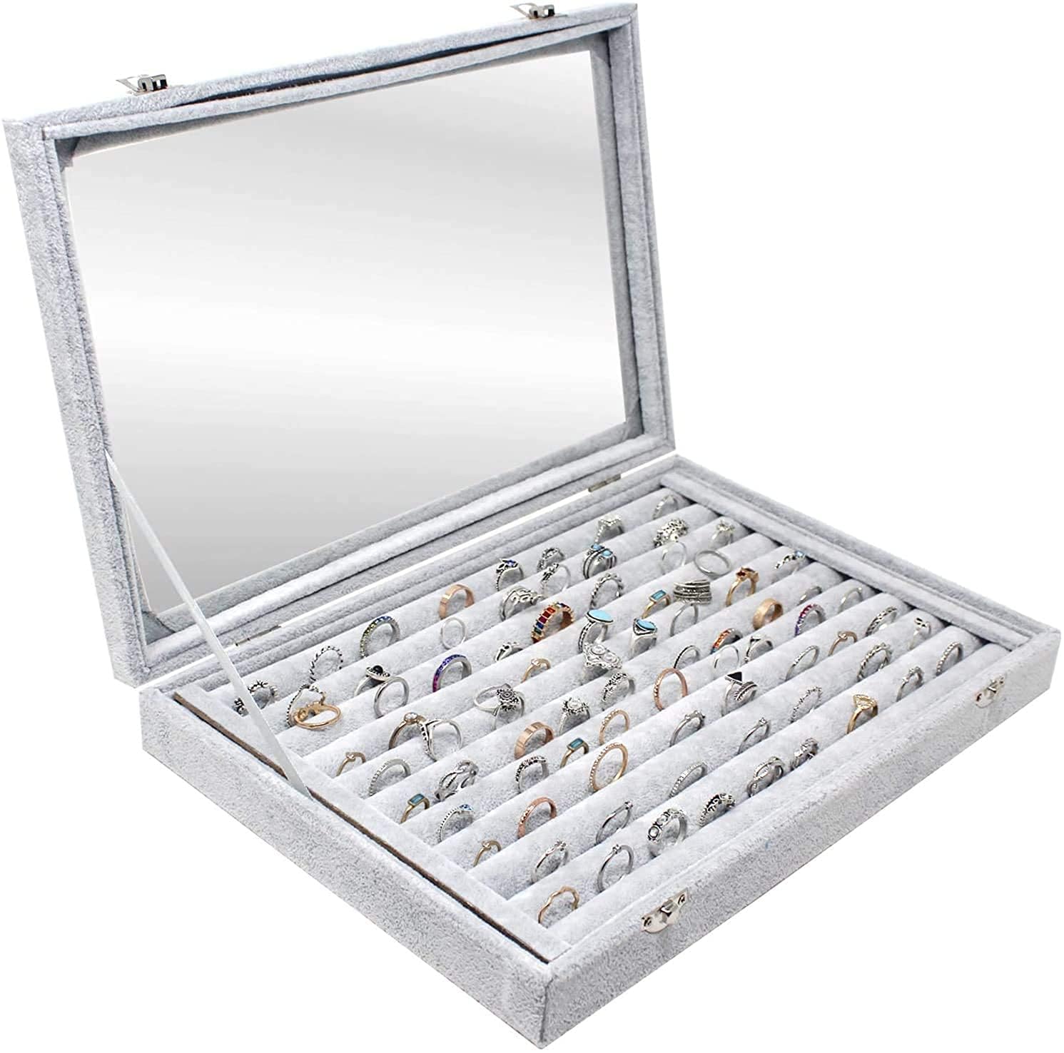 BucketList Women's Velvet Glass Ring Earrings Jewelry Box - Display Storage Showcase Holder Organizer (100 Slot Ring Jewellery Box-Grey)-image-40
