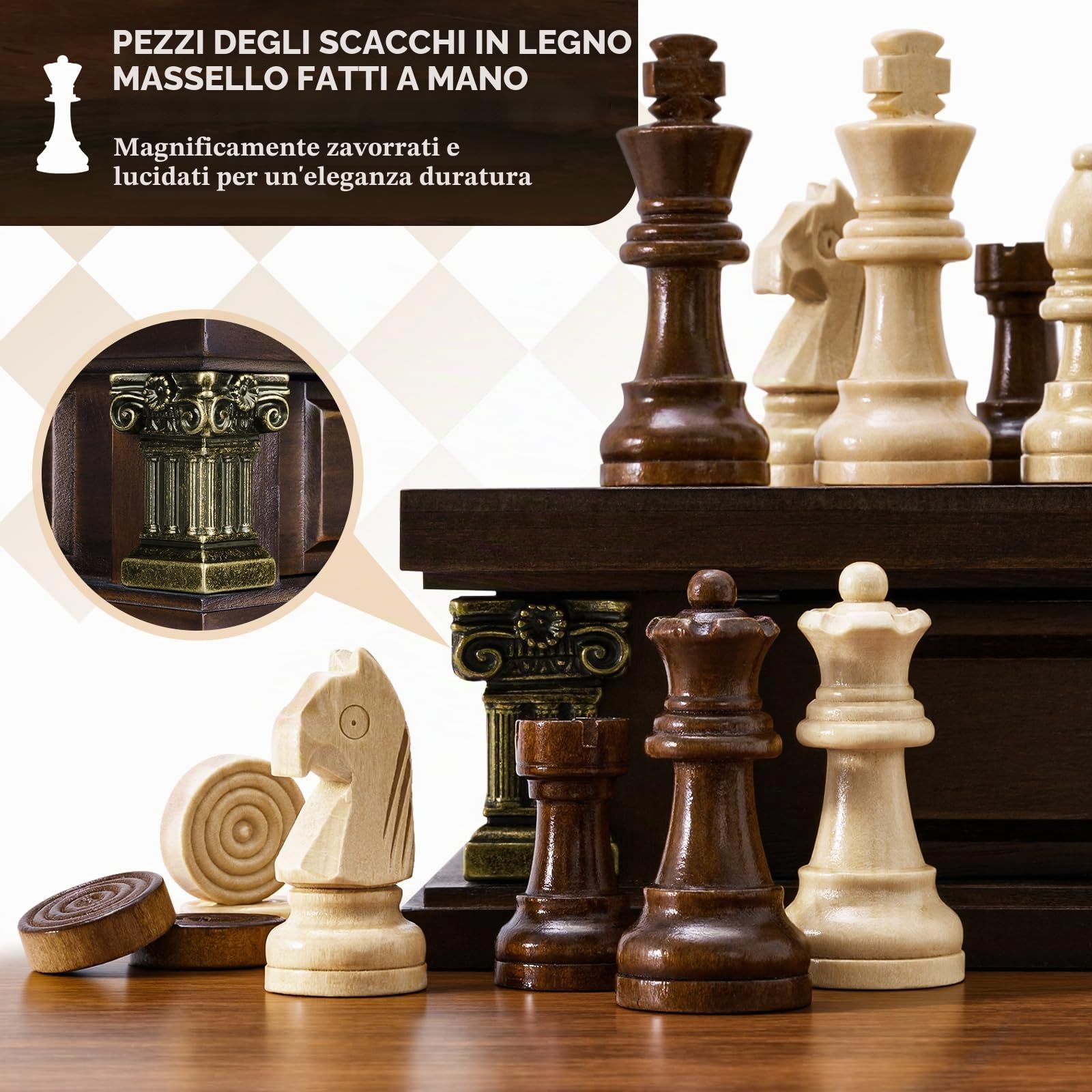 Peradix Set di scacchi magnetici a scacchi con 2 cassetti incorporati, 32 cm classici giochi in legno 2 in 1 con 2 regine extra per bambini e adulti, set da viaggio portatile da gioco di scacchi