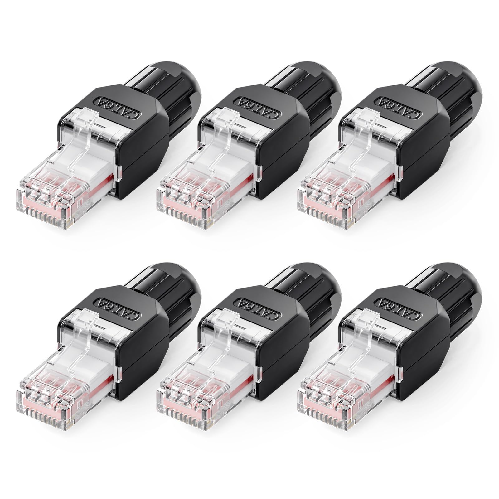 VCELINK Cat6A Connettore RJ45 Senza Attrezzi LSA, 10 Gbps/500 MHz, Compatto Riutilizzabile, Plug RJ45 UTP Placcato in Oro per Cavo di Rete AWG 23-26, Compatibile con PoE, Nero, 6 Pezzi