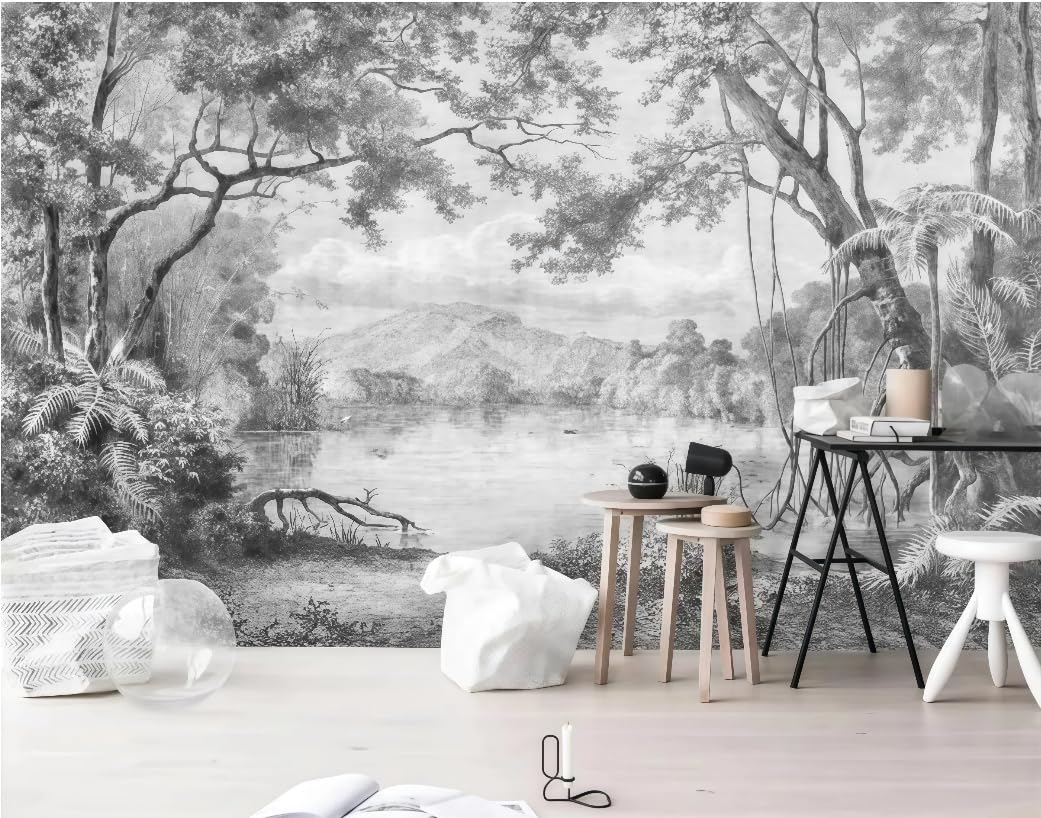 Papier peint salon motif végétal noir et blanc pour décoration murale