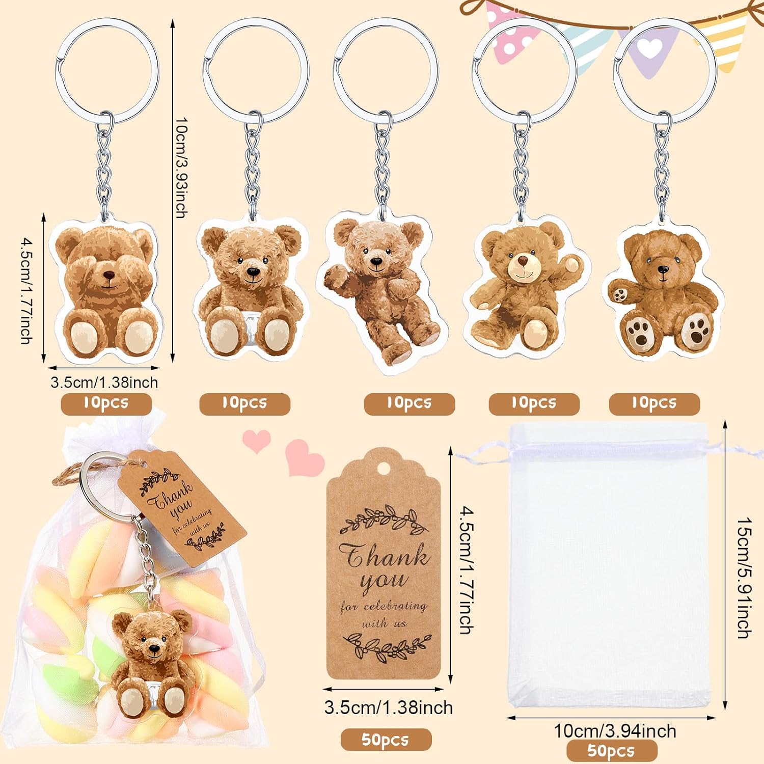 Wettarn 50set Bear Baby Shower Favors Bear Baby Shower Party Favors Return Gifts Souvenirs for Guest Includes Keychains Thank You Tags and Organza Bags for Boy Girls Birthday Party Supplies - Image 3
