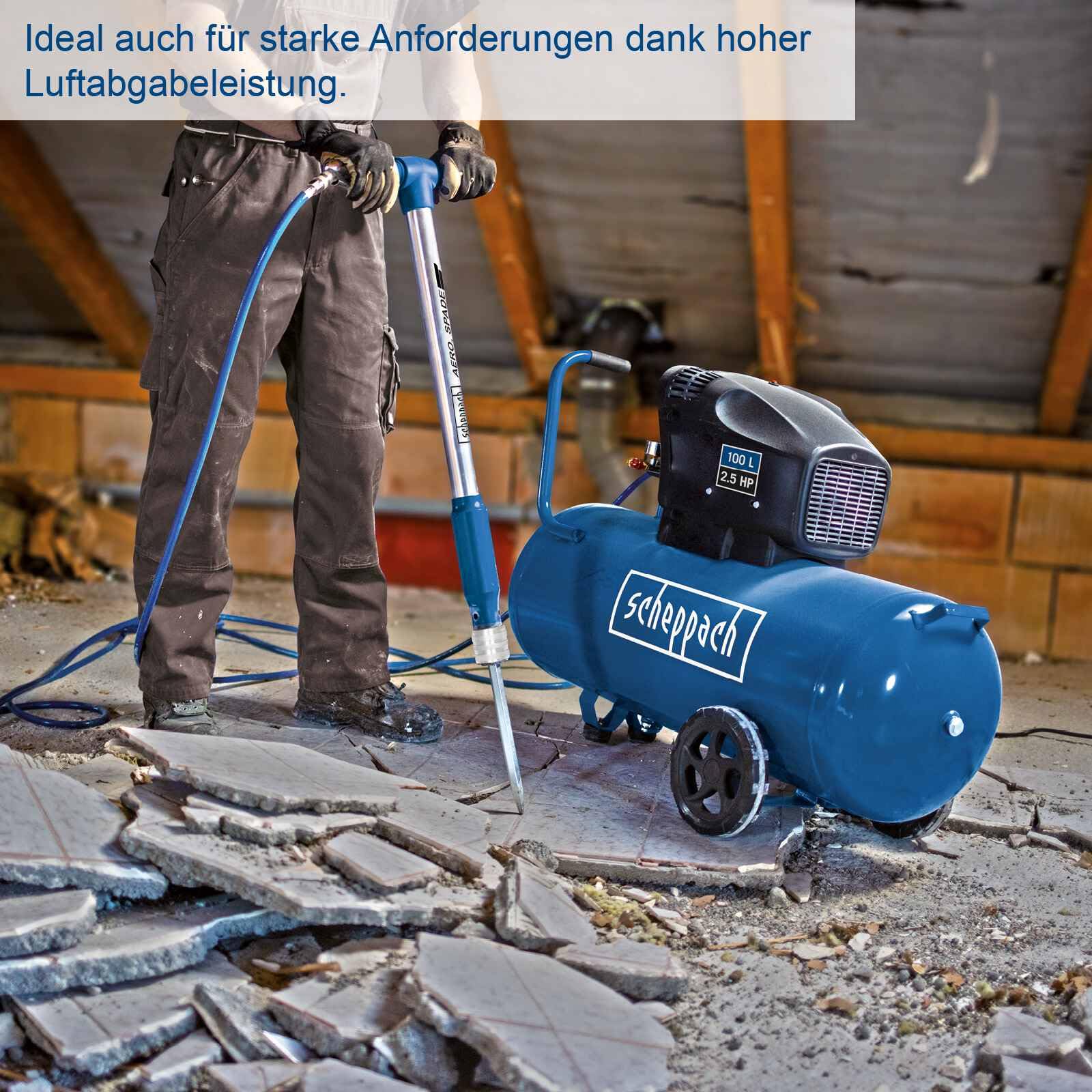 Scheppach Kompressor HC105DC ölfrei mit Doppelzylinder, 100L Kessel & 10bar | Ansaugleistung 322 L/min | Leistung 2,5PS / 1800W | 2 Schnellkupplungen, Fahrvorrichtung, Druckminderer, Vibrationsgedämpft