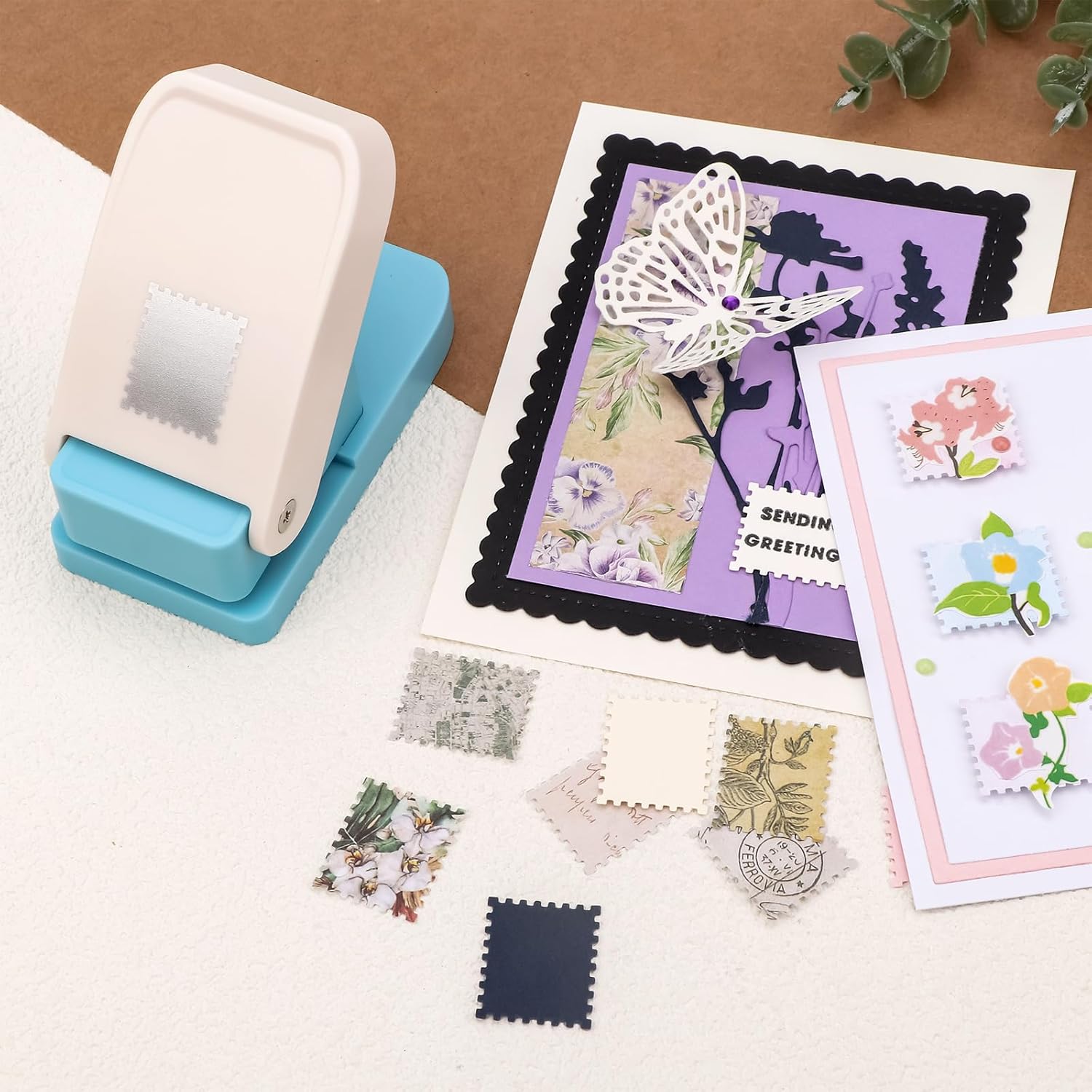 CYFUN DESIGN 3 Pcs Stamp Puncher, 1x0.8inch/1x1inch Square Stamp Hole Punch, Stamps Shaped Paper Punch, Craft Lever Stamp Cutter Hole Punch, Hole Puncher for Crafting Journaling Card Making Supplies