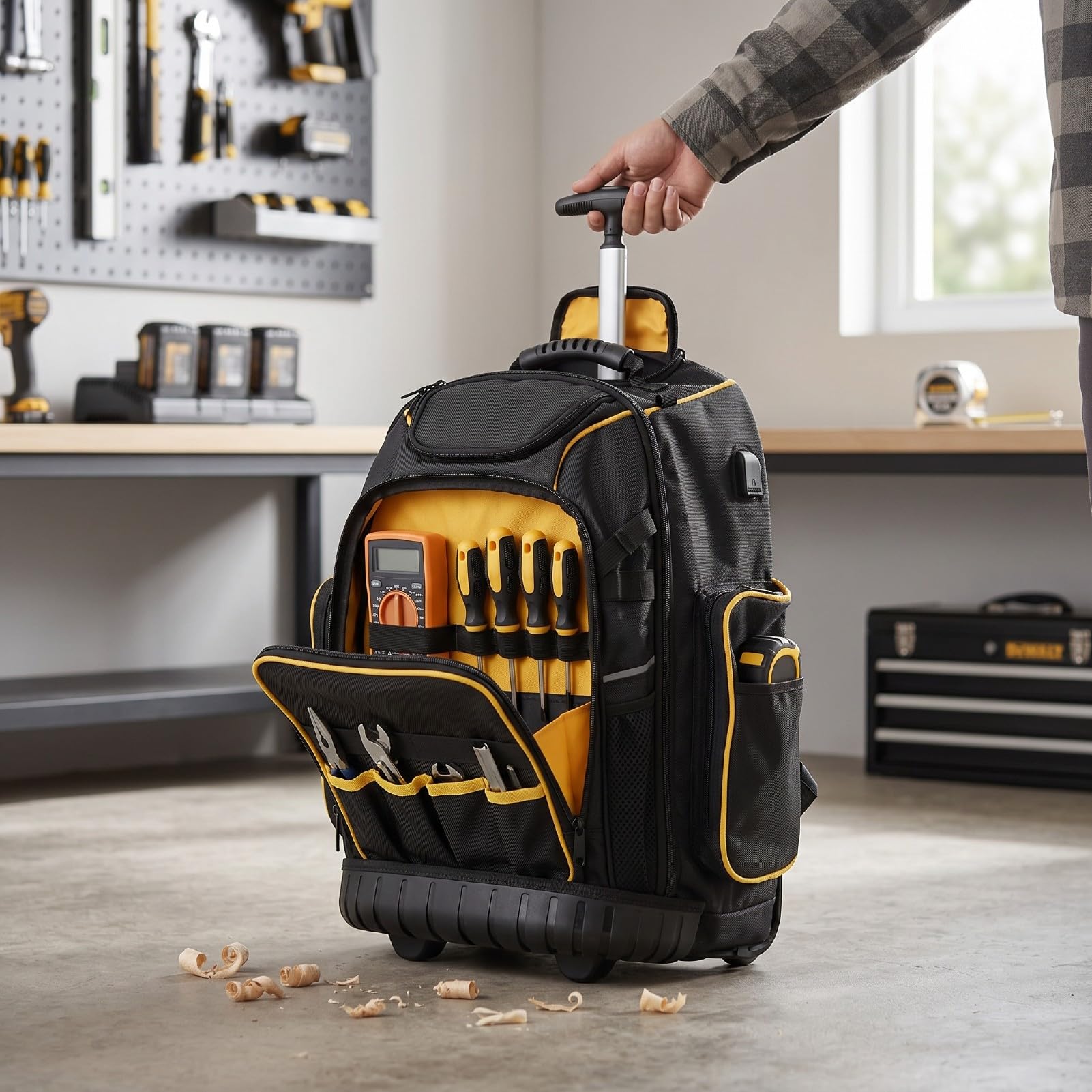 Zunate Mochila para Herramientas con Ruedas Resistente con Base Moldeada Dura, Bolsa de Herramientas con Ruedas para Electricista, Fontanero, Técnico de HVAC, Mochila para con 2 en 1, Resistente Al