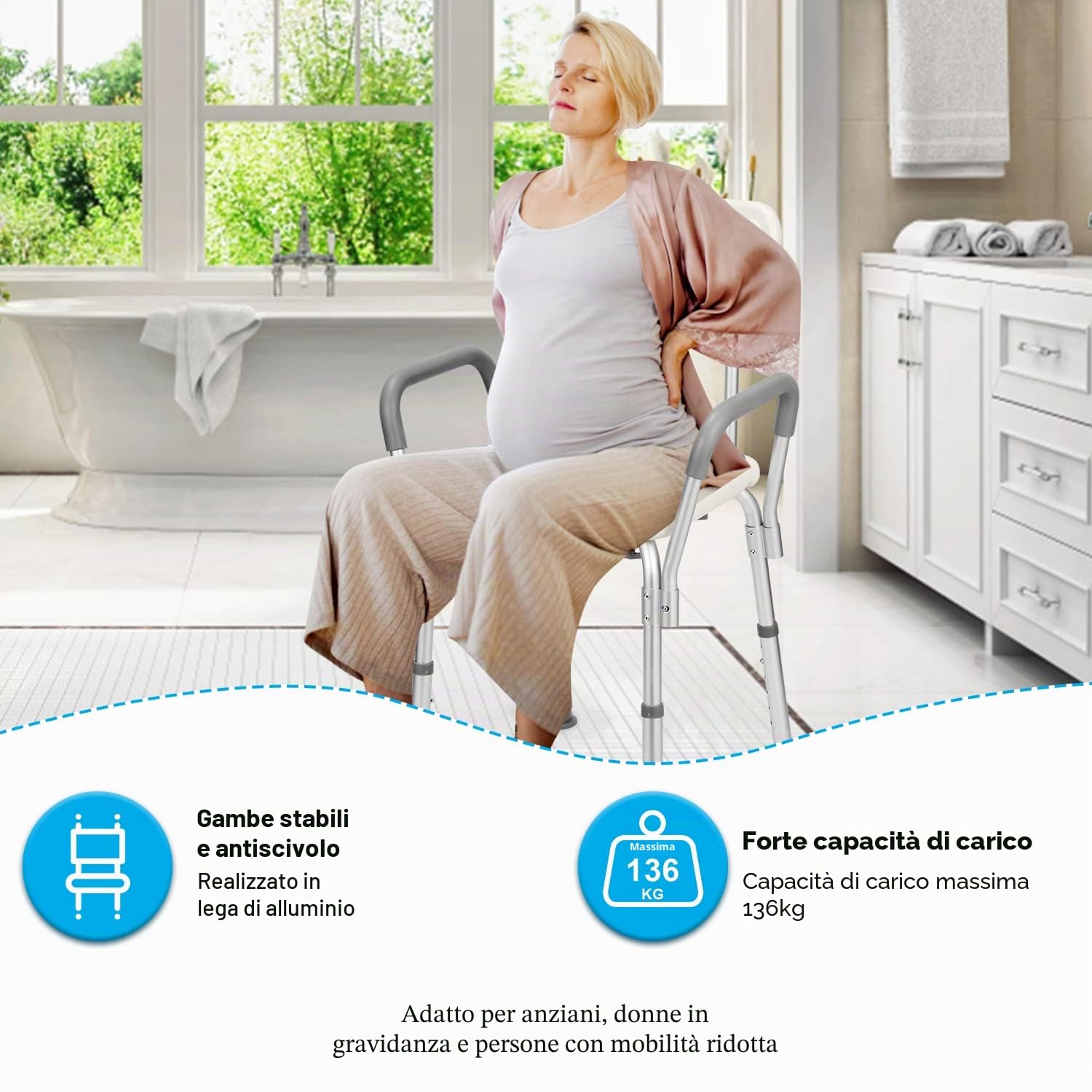 Sgabello da doccia con bracciolo, schienale, antiscivolo, per il bagno e per la doccia, regolabile in altezza, 41-53,5 cm, fino a 136 kg, per anziani e donne incinte (M1-GGP8887c)