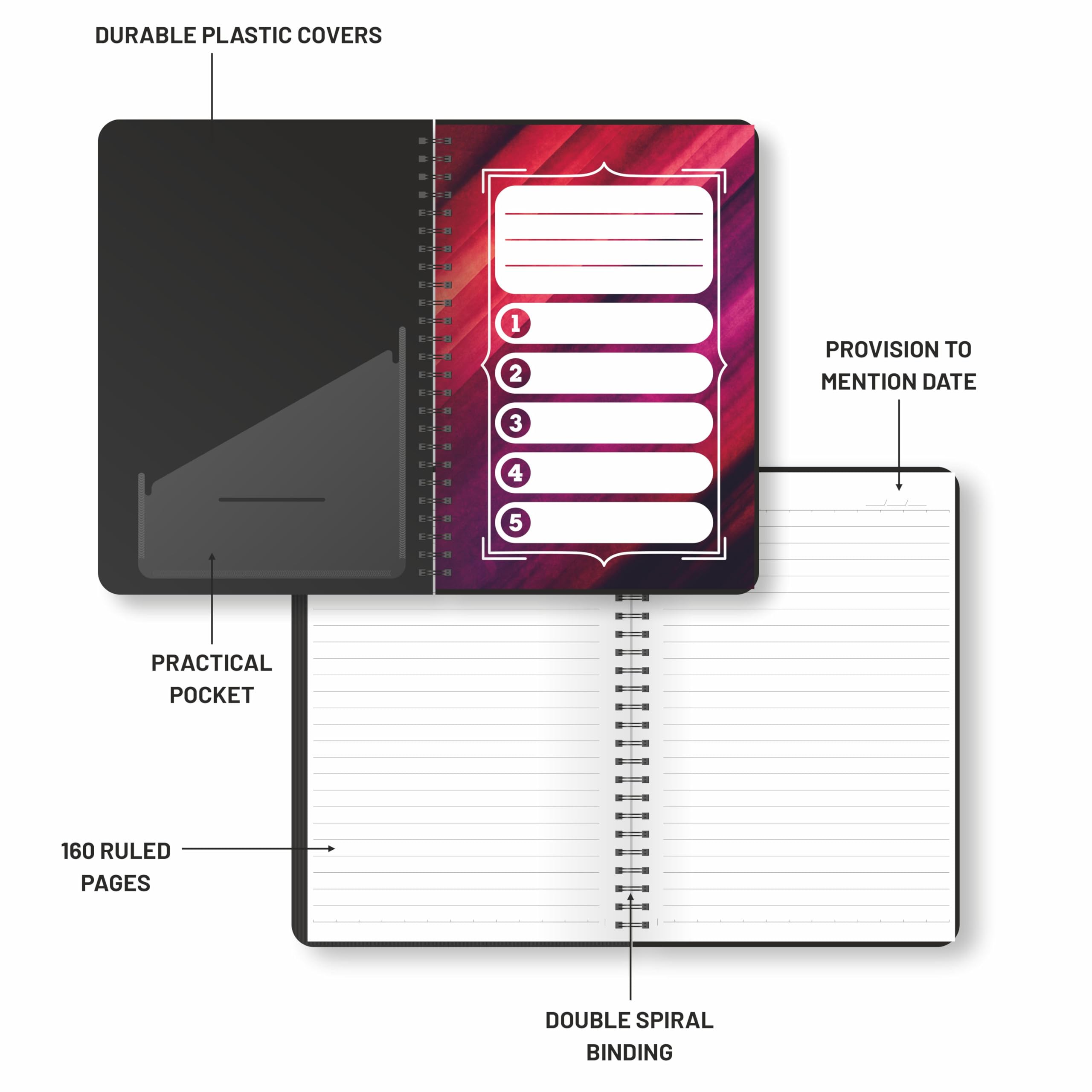 Anupam Eminent Notizbuch, A5, 70 g/m², 40 Blatt (80 Seiten), College-Notizbuch, liniert, spiralförmig, für Arbeit, Schulbedarf, Zuhause und Büro, Schreibtagebuch, 14 x 21 cm