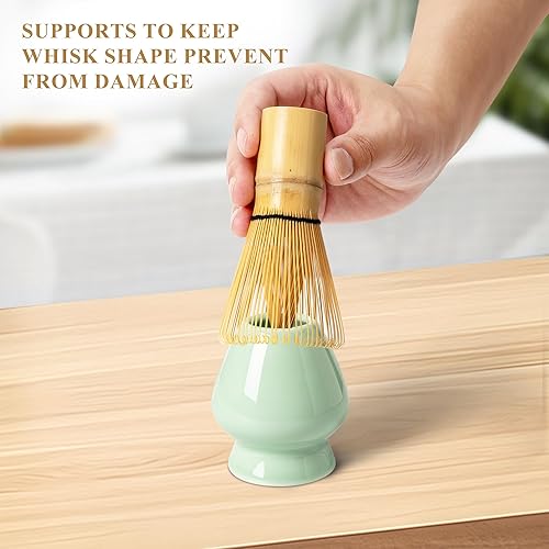 Miniatura 5 de Juego de batidor de matcha, kit de fabricación de matcha (soporte Chasen), soporte de batidor de cerámica (verde claro), cuchara de bambú, tamiz de