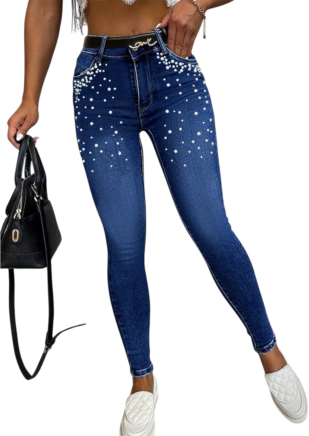 Women's Pearl Jeans Stretchy Mid Rise Denim Pants Skinny Distressed Starry Sky Pants Figure Flattering Silhouette
