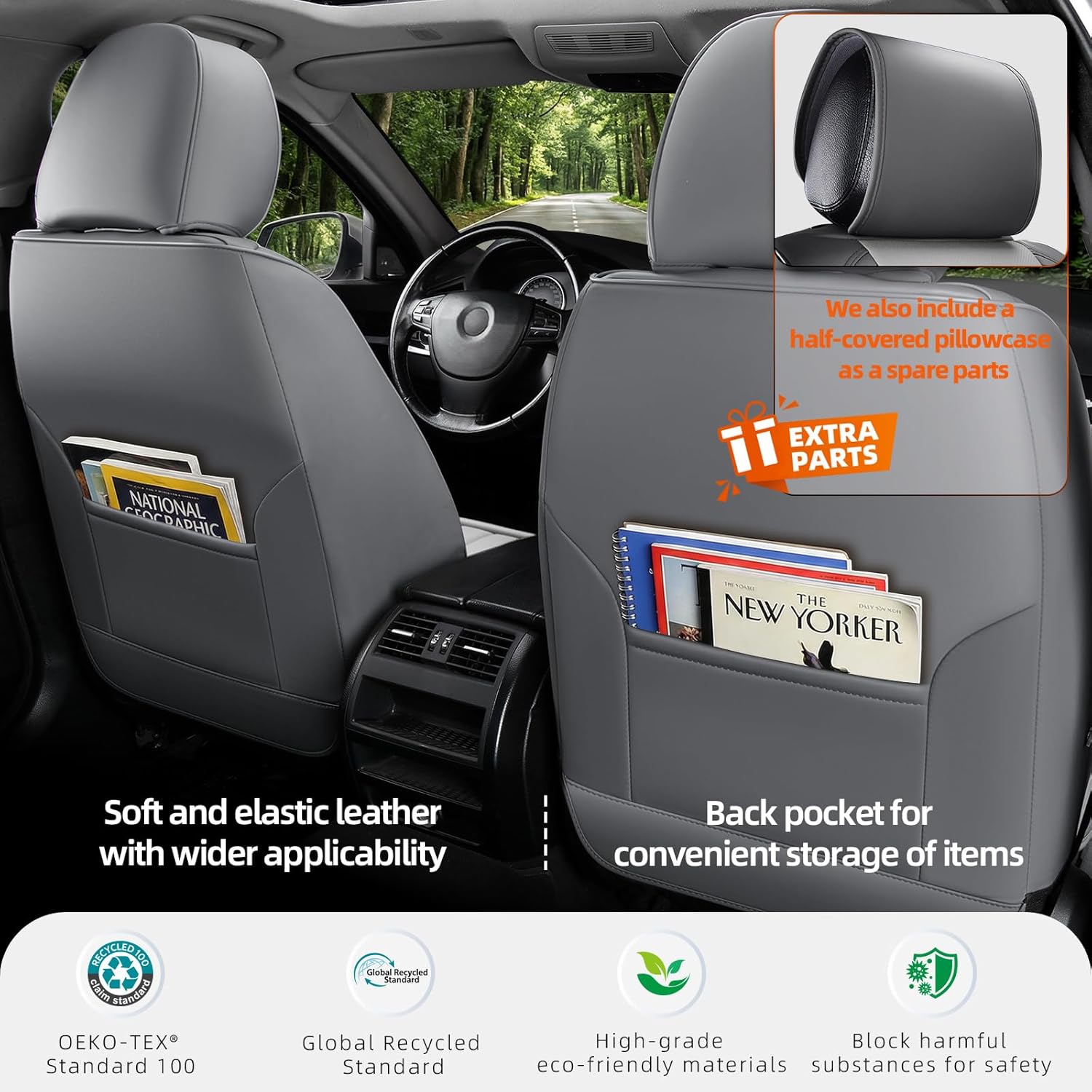 KEYOOG Universal 5-Seater Waterproof Breathable Nappa Leather Car Seat Covers Full Set, Compatible with Toyota Corolla Camry, Lexus LS400, Nissan Rogue, Fit Front Rear Seats Most Sedans SUV- Gray