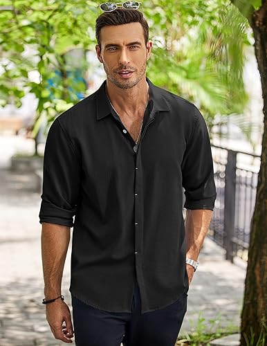 Miniatura 3 de COOFANDY Camisa casual de manga larga con botones para hombre, camisa de verano para playa, boda