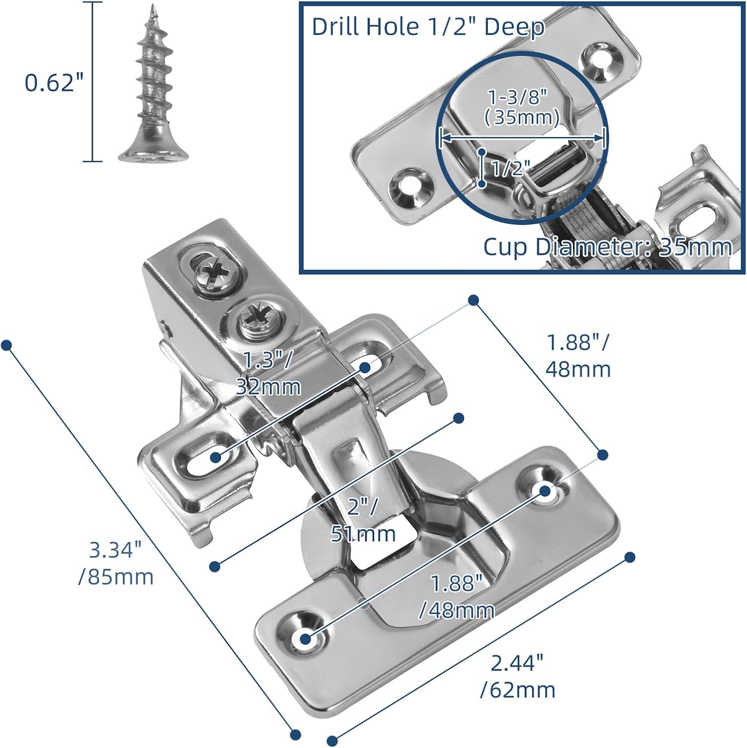 100 Pack Soft Close Cabinet Hinges for 1/2 Inch Overlay Cabinet, 105 Degree Opening Angle, Adjustable Cabinet Door Hinges Stainless Steel Concealed Kitchen Cabinet Hinges for Face Frame Cabinet