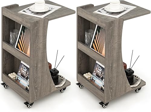 GOFLAME Juego de 2 mesas auxiliares en forma de C, mesa auxiliar de sofá móvil con 2 compartimentos de almacenamiento traseros, ruedas giratorias GOFLAME Juego de 2 mesas auxiliares en forma de C, mesa auxiliar de sofá móvil con 2 compartimentos de almacenamiento traseros, ruedas giratorias
