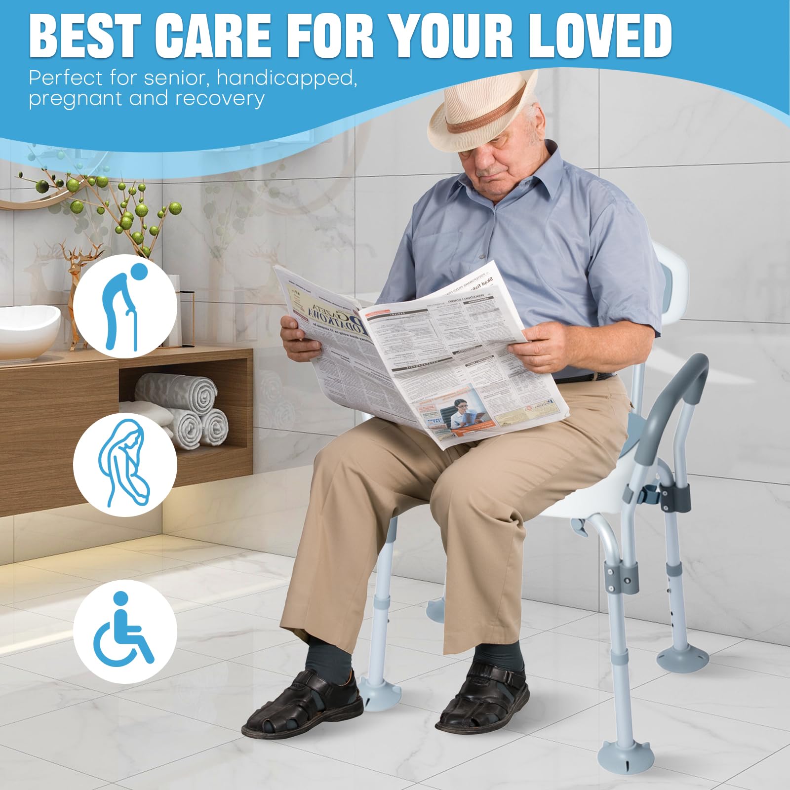 Bostar Silla Ducha Personas Mayores Antideslizante con Respaldo y Reposabrazos/Diseño Forma de U, MAX. 136 kg Regulable 5 Alturas 44,5-55 cm Taburete Baño para Bañera y Ducha