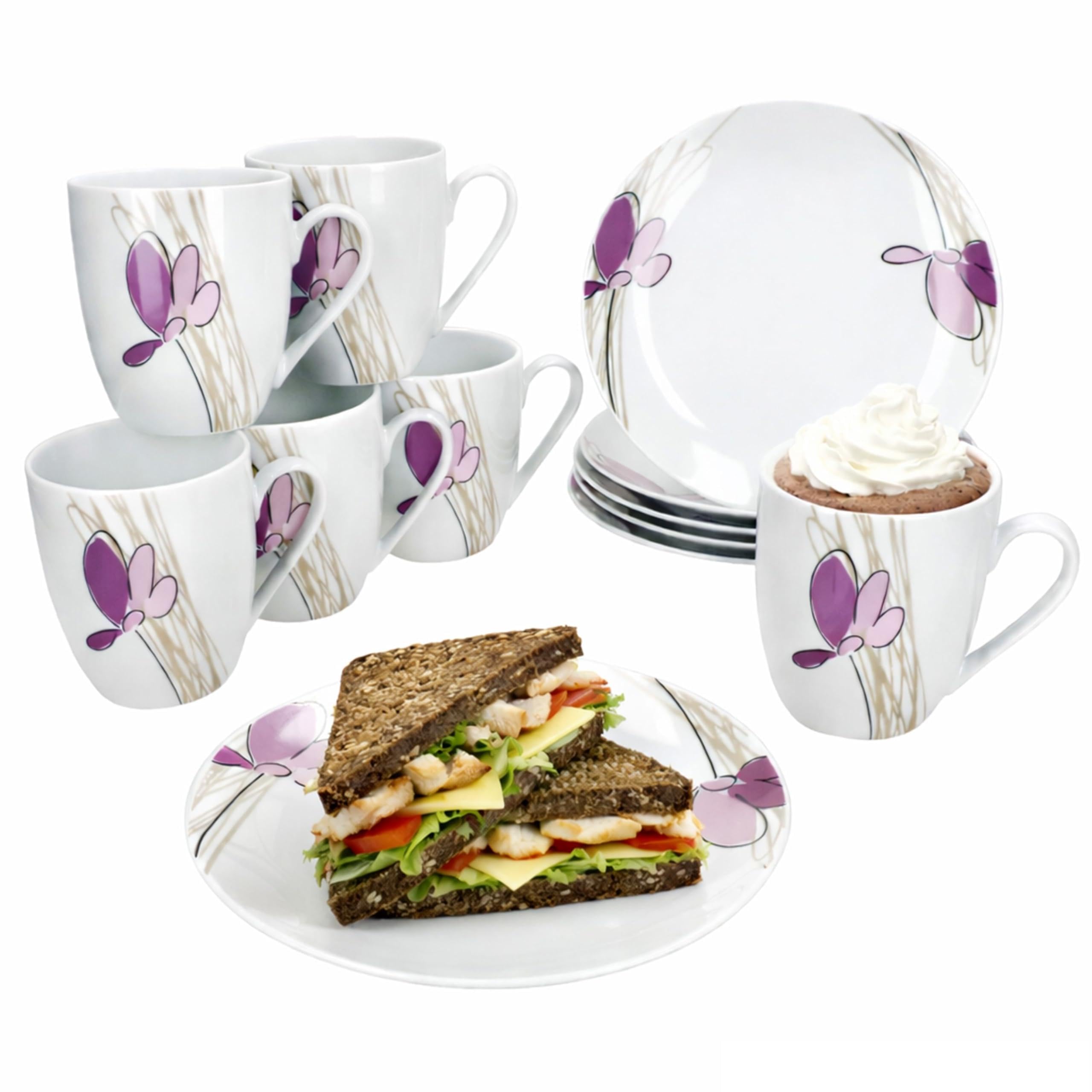 MamboCat Viola 12tlg Frühstücksset I 6x Kuchenteller & 6x Kaffeebecher 350 ml aus Porzellan I Weiß mit Blumen-Dekor in Violett I für 6 Personen I für Frühstück & Kaffee