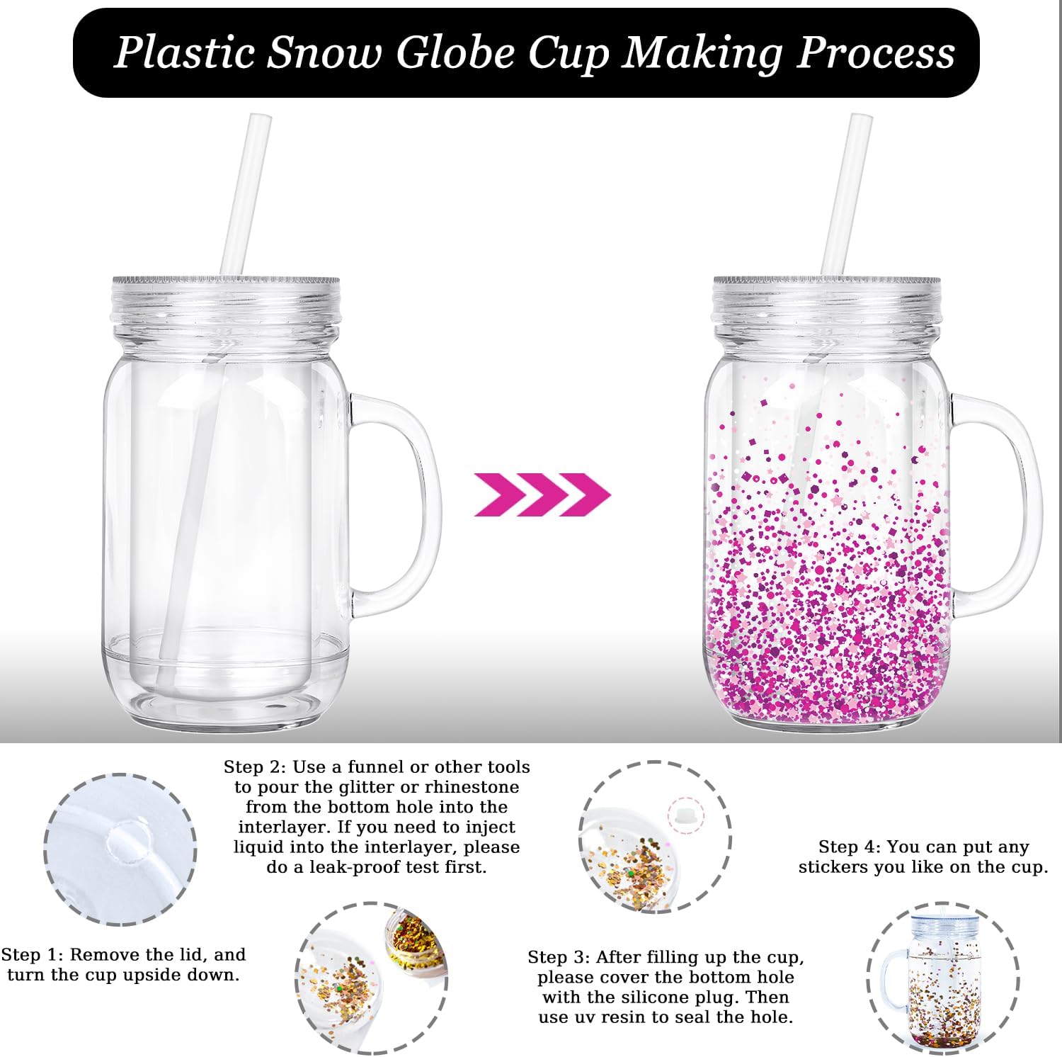 24 Oz Plastic Snow globe Tumbler, 6 Pack Pre-Drilled Double Wall Acrylic Mason Jars with Handle For Glitter Snow Globe, Snowglobe Tumbler Supplies - Image 2