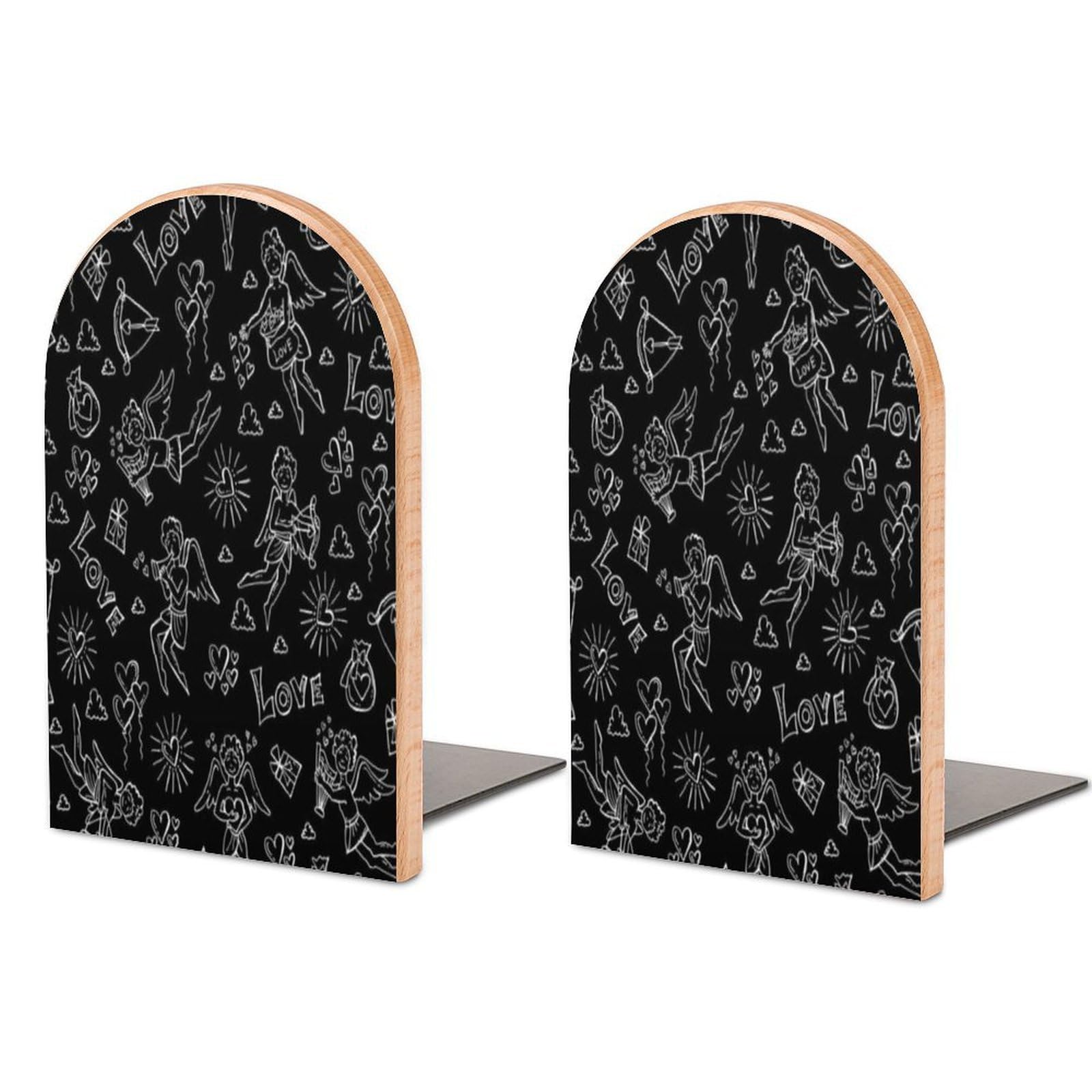 Pattern with Hand Drawn Isolated Beech Wood Bookends Heavy Duty Book Organizers Desktop File Holder for Office Home Bookshelf