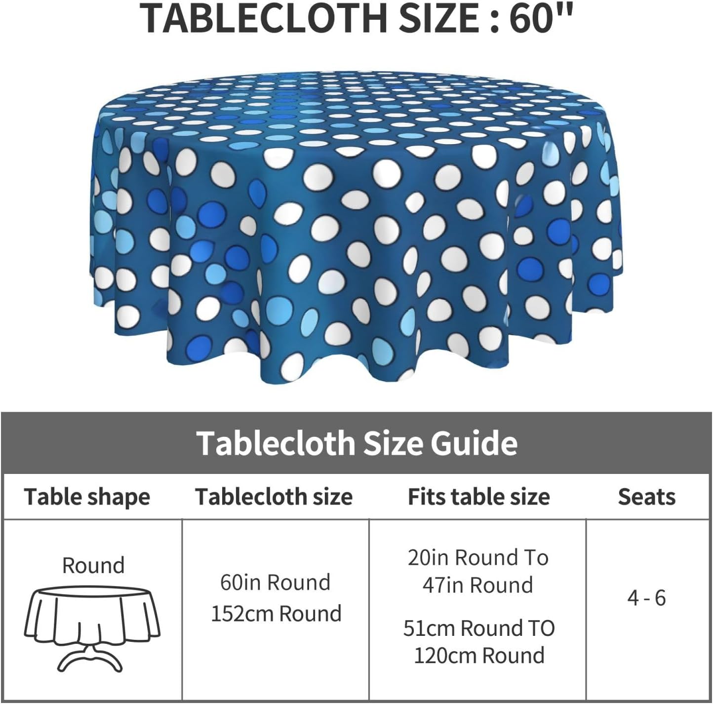 Blue Polka Dot Pattern Print Wrinkle Free Dining Table Cover for Birthday Party Farmhouse Tablecloths Up to 60 x 60 Inches