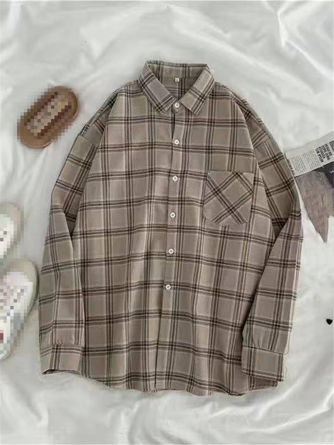 Camisas De Manga Larga A Cuadros Vintage para Mujer, Tops De Solapa Informales Holgados con Botones De Otoño, Prendas De Vestir