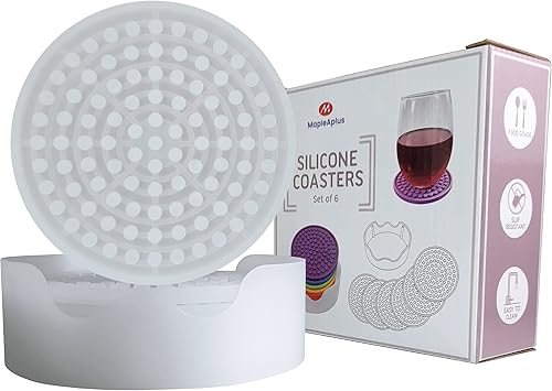 Juego de 6 posavasos de silicona para bebidas con soporte, color blanco transparente, bandeja profunda y posavasos grandes de 4.3 pulgadas para