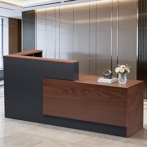L-Shaped Modern Large Wooden Commercial Reception Desk with Counter & Shelves, Front Reception Desk Counter Table with Drawers for Offices,Home (Brown + Black, Right- 87''L x 42''W x 41''H)