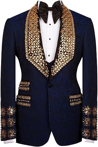 Mens Formal Jacquard Tuxedo with Luxury Handmade Rhinestone Slim Fit Dinner Blazer for Prom Party Wedding