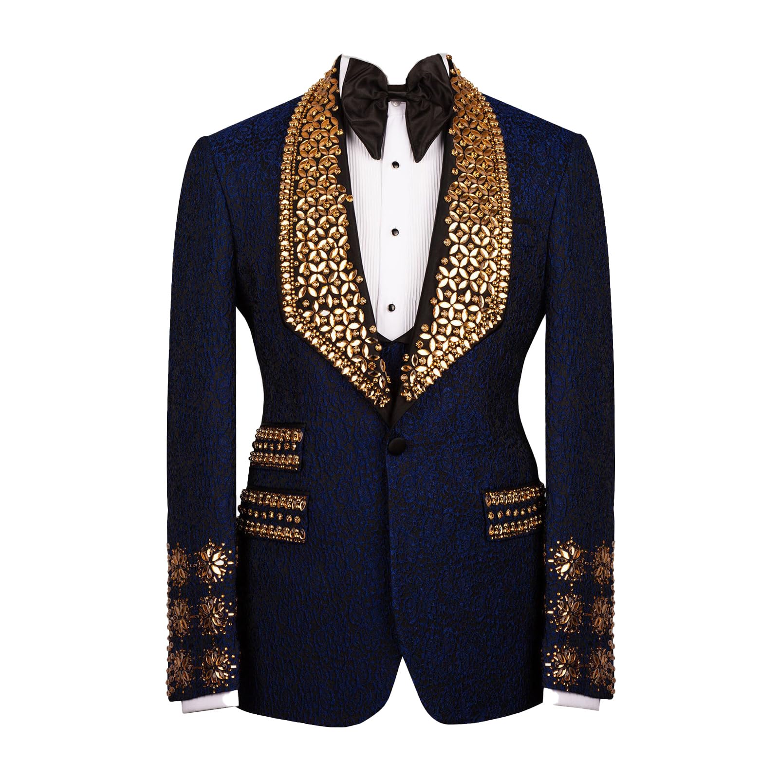 Manviss Men's Formal Jacquard Tuxedo with Luxury Handmade Rhinestone Slim Fit Dinner Blazer for Prom Party Wedding