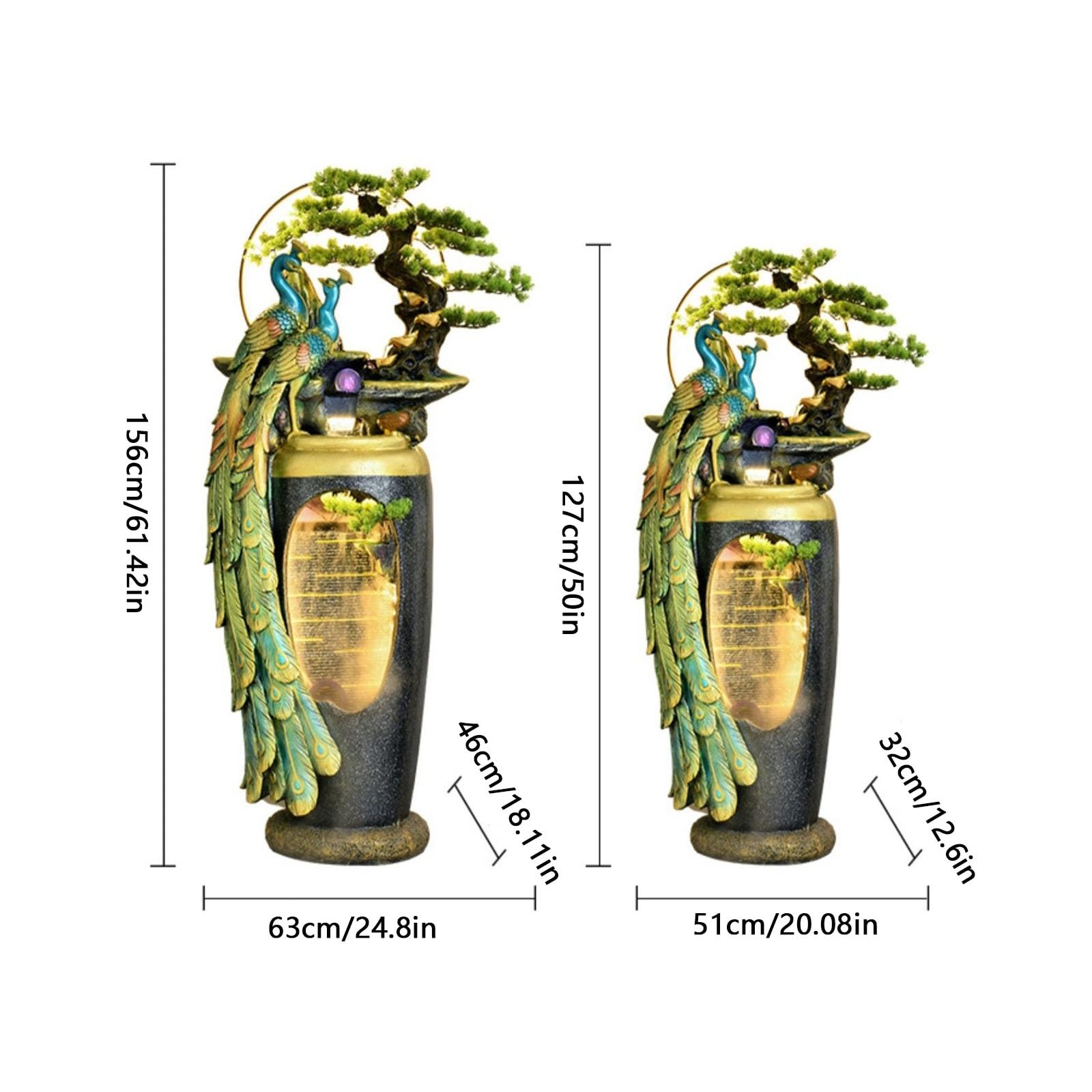 Indoor Floor Fountain Peacock Flowing Water Ornament, New Chinese Zen Fountain, Floor Standing Decorative Vase for Living Room, Entrance Door or Next to Tv Cabinet Water Fountain(53*46*156cm)