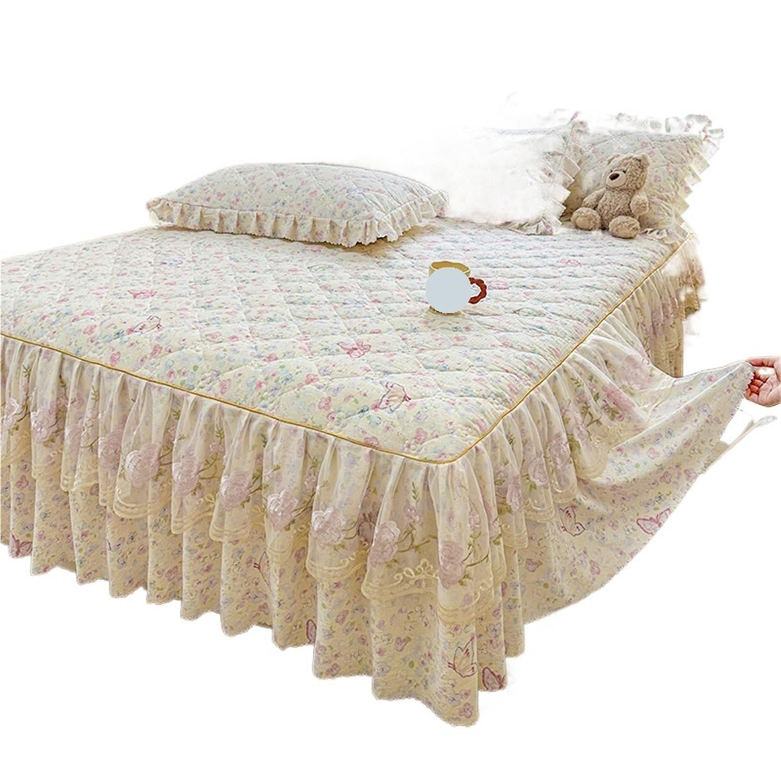 Bed Skirt 1pc Quilted Bed Skirt Soft Printed Bedspread Ruffles Linen With Elastic Band Home Cover (No Pillowcase)(B,Queen 150x200cm 1pc)