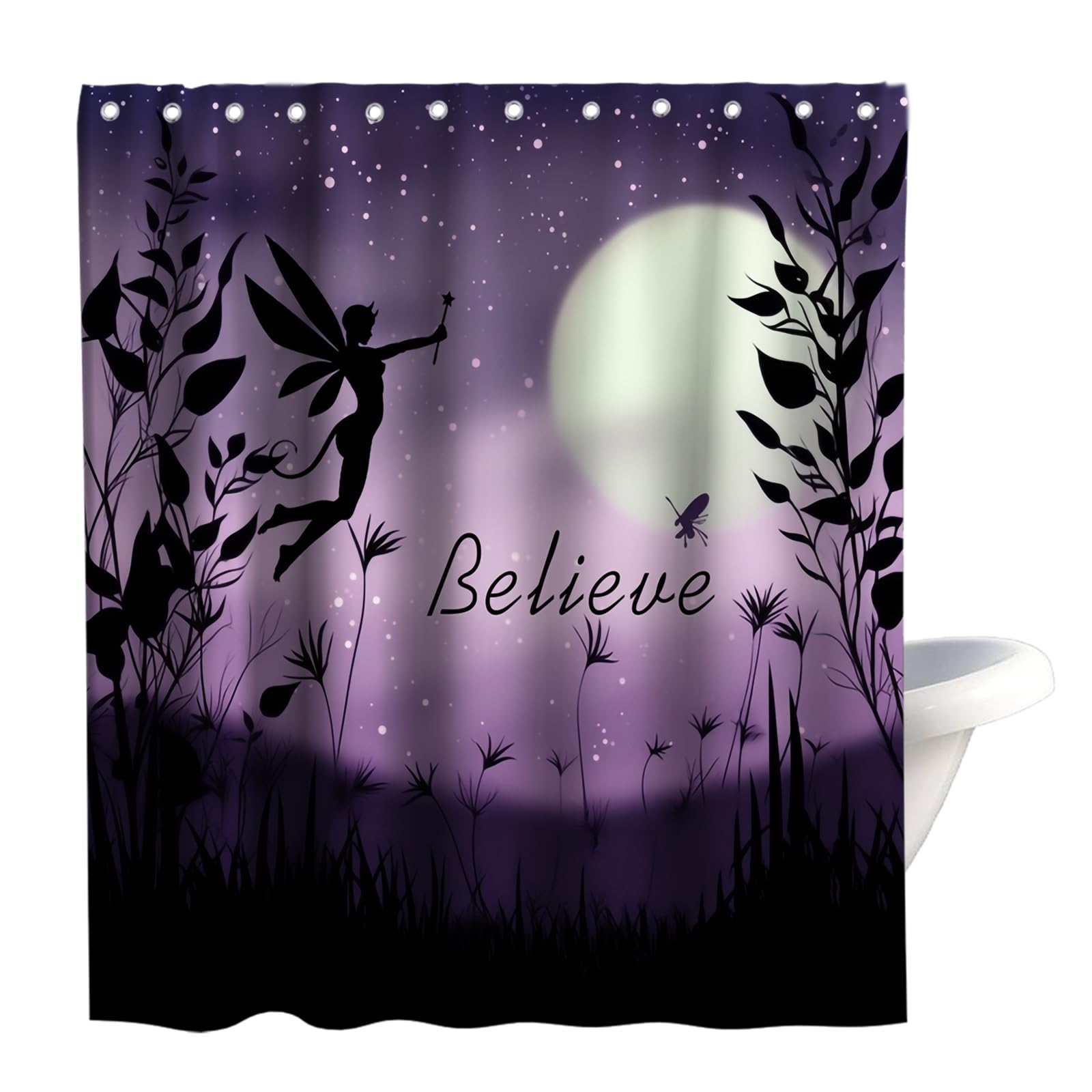 Final Friday Color8 Believe Black Fairy With Angel Wings Theme Fabric Shower Curtain Sets Nature Bathroom Decor With Grommets And Hooks Purple Yellow 72Wx72h