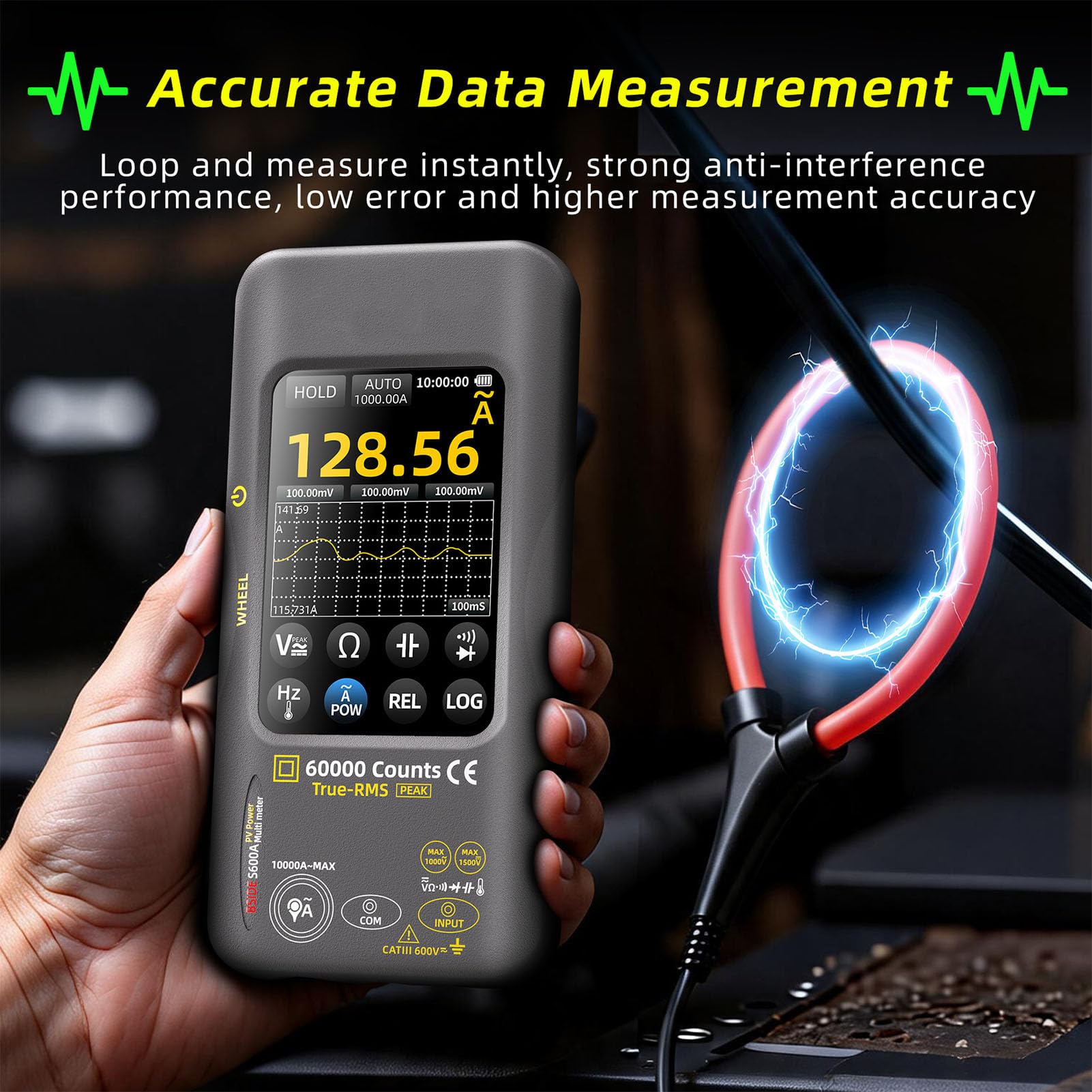 Multimetro Tester per Pannelli Solari, con Dati | 60.000 Conteggi, Display da 3,98 Pollici, Corrente CA Fino A 10.000 A con Morsetto, 3.000 MAh, per la Manutenzione Campo