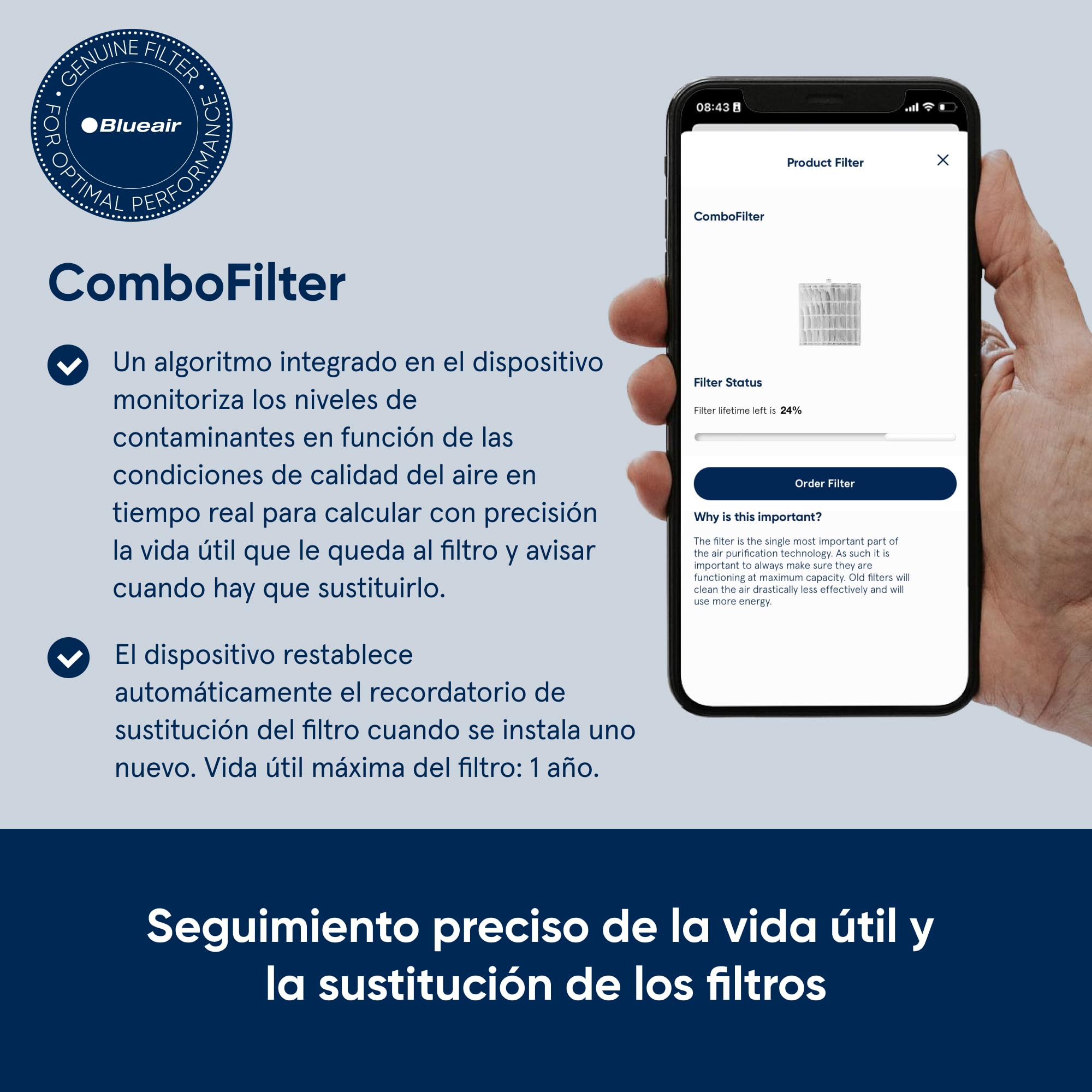 BLUEAIR Purificador de aire 48 m², mesa, polvo, caspa, humo, moho, polen, alérgenos, olores, HEPASilent, DustMagnet 5210i