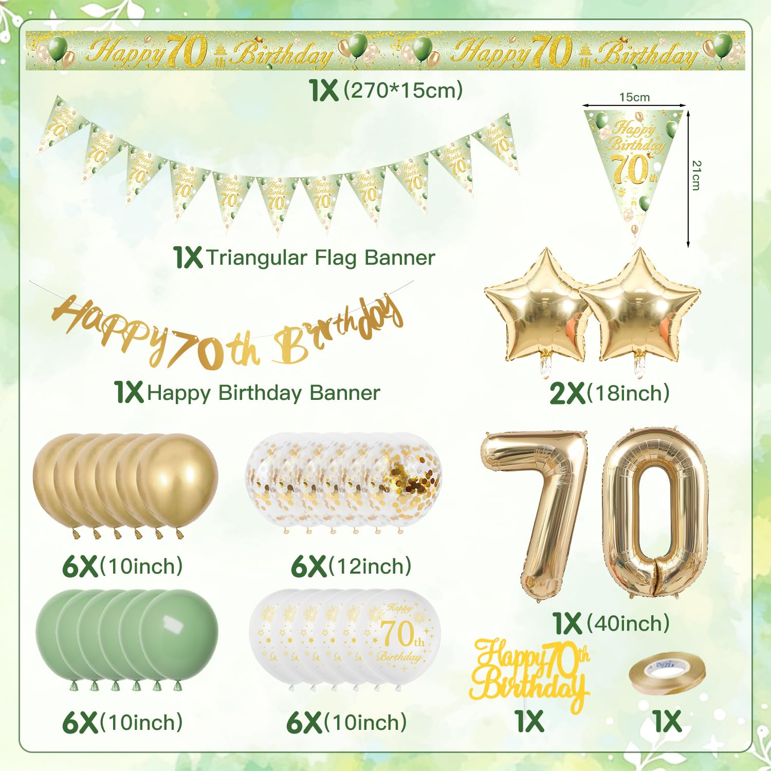 Décoration Anniversaire 70 Ans, Vert Or Ballon 70 Ans Anniversaire Femme Homme, Decoration 70 Ans, Bannière Joyeux Anniversaire pour 70 Réutilisable - 3