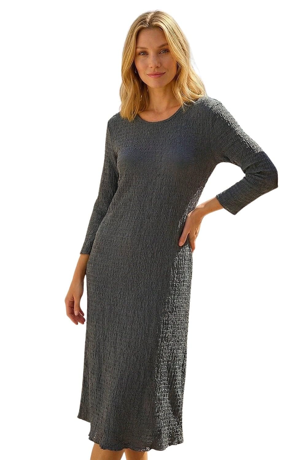 Roman Originals Women's Grey Roman Textured A-Line Stretch Midi Dress For Uk - Autumn Everyday Winter Holiday Round Neckline Comfy 3/4 Sleeve Soft Jersey Frock Warm Cozy Gowns - Size 10